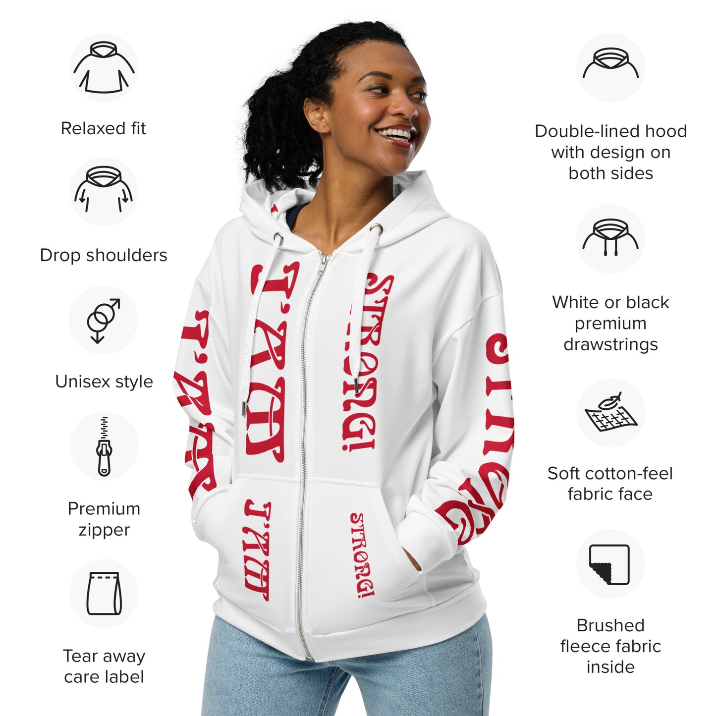 “I’AM STRONG!”White Unisex Zip Hoodie W/Red Font