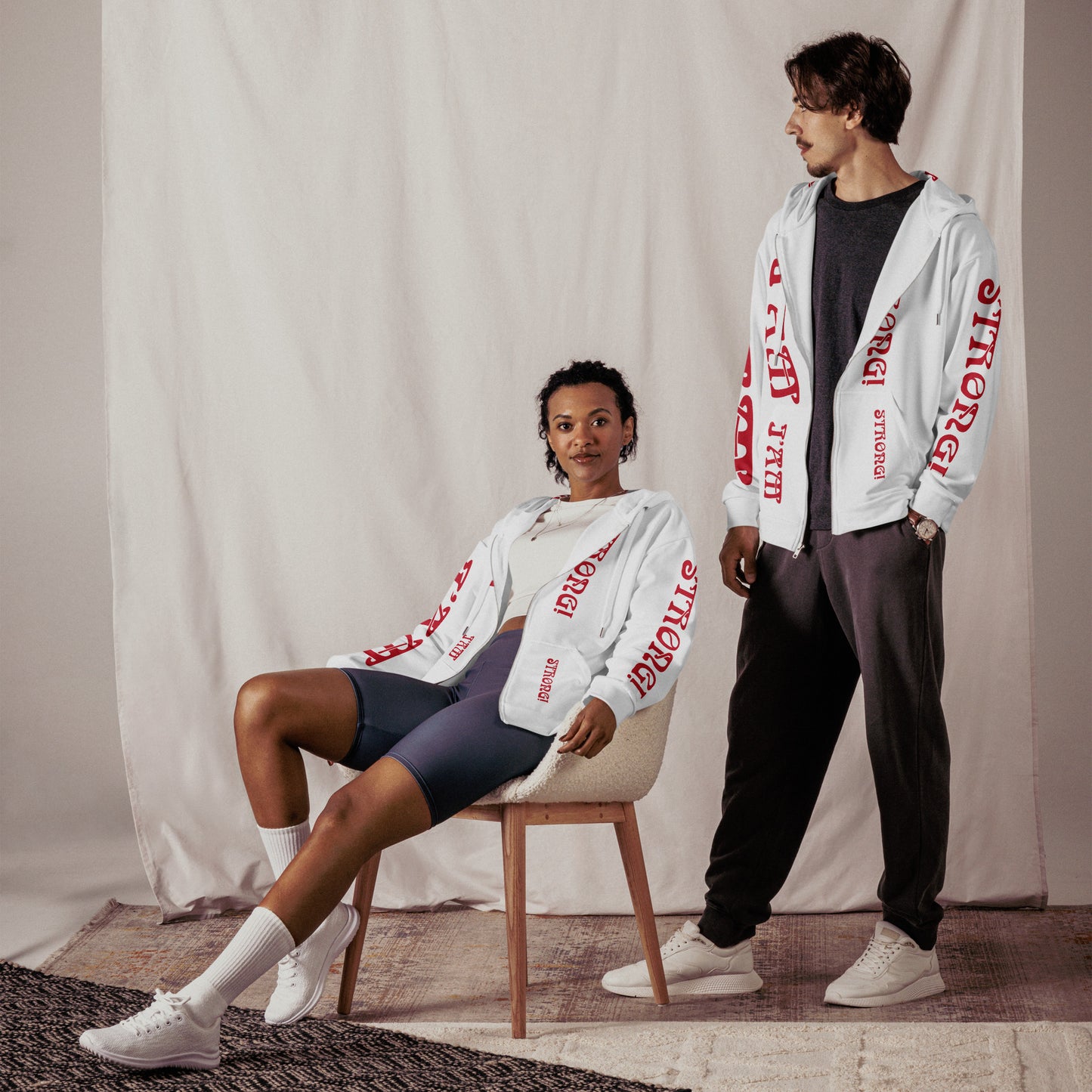 “I’AM STRONG!”White Unisex Zip Hoodie W/Red Font