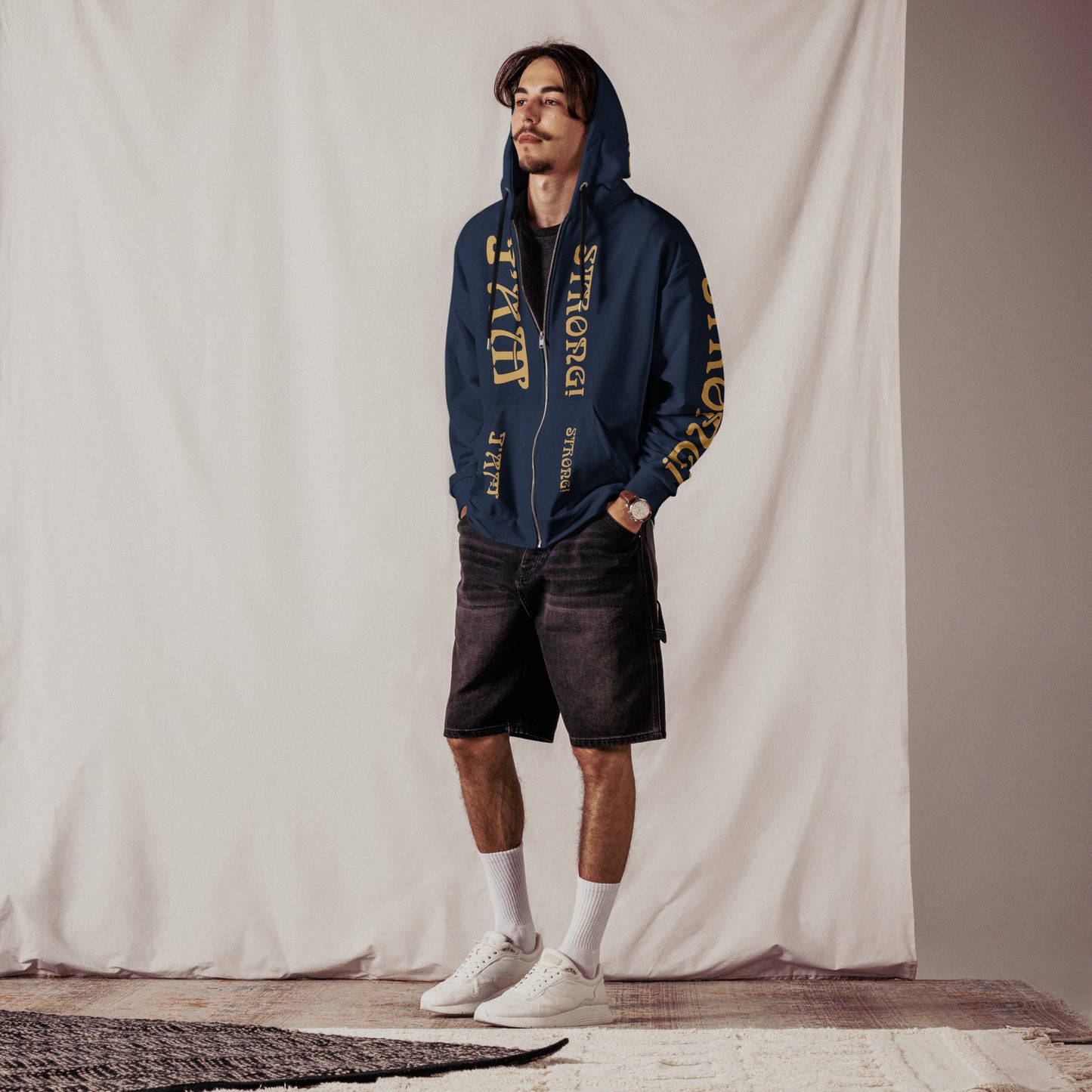 “I’AM STRONG!”Navy Unisex Zip Hoodie W/Fawn Font