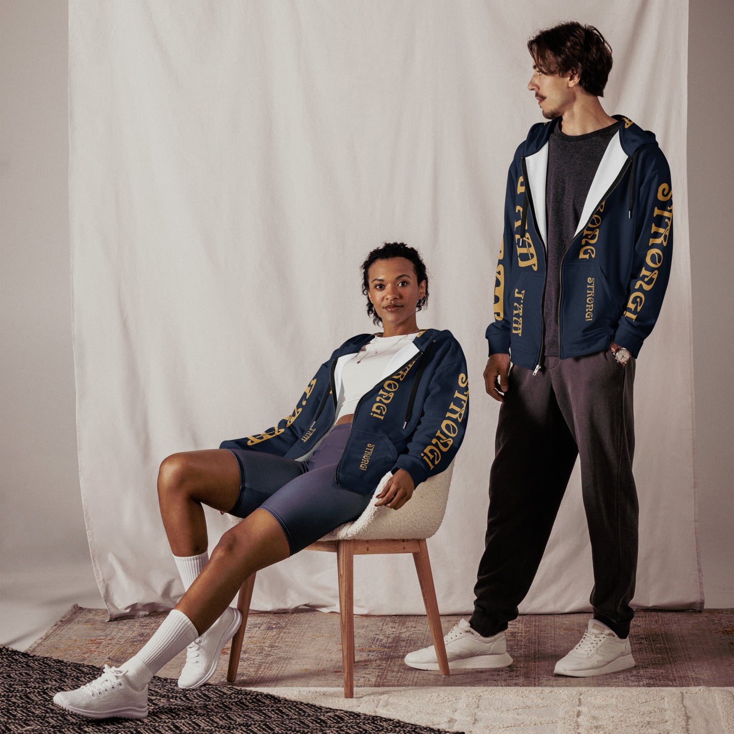 “I’AM STRONG!”Navy Unisex Zip Hoodie W/Fawn Font