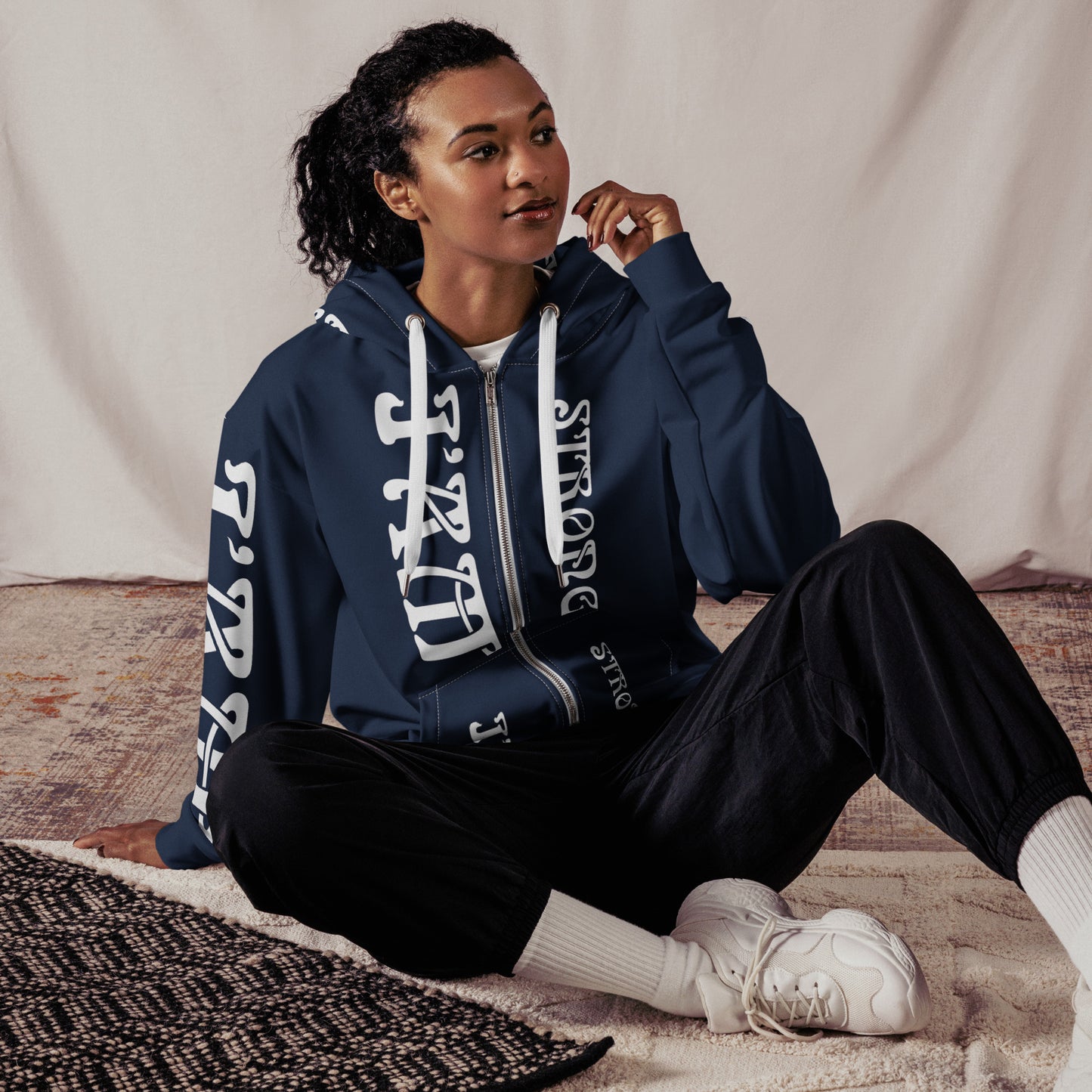 “I’AM STRONG!”Navy Unisex Zip Hoodie W/White Font