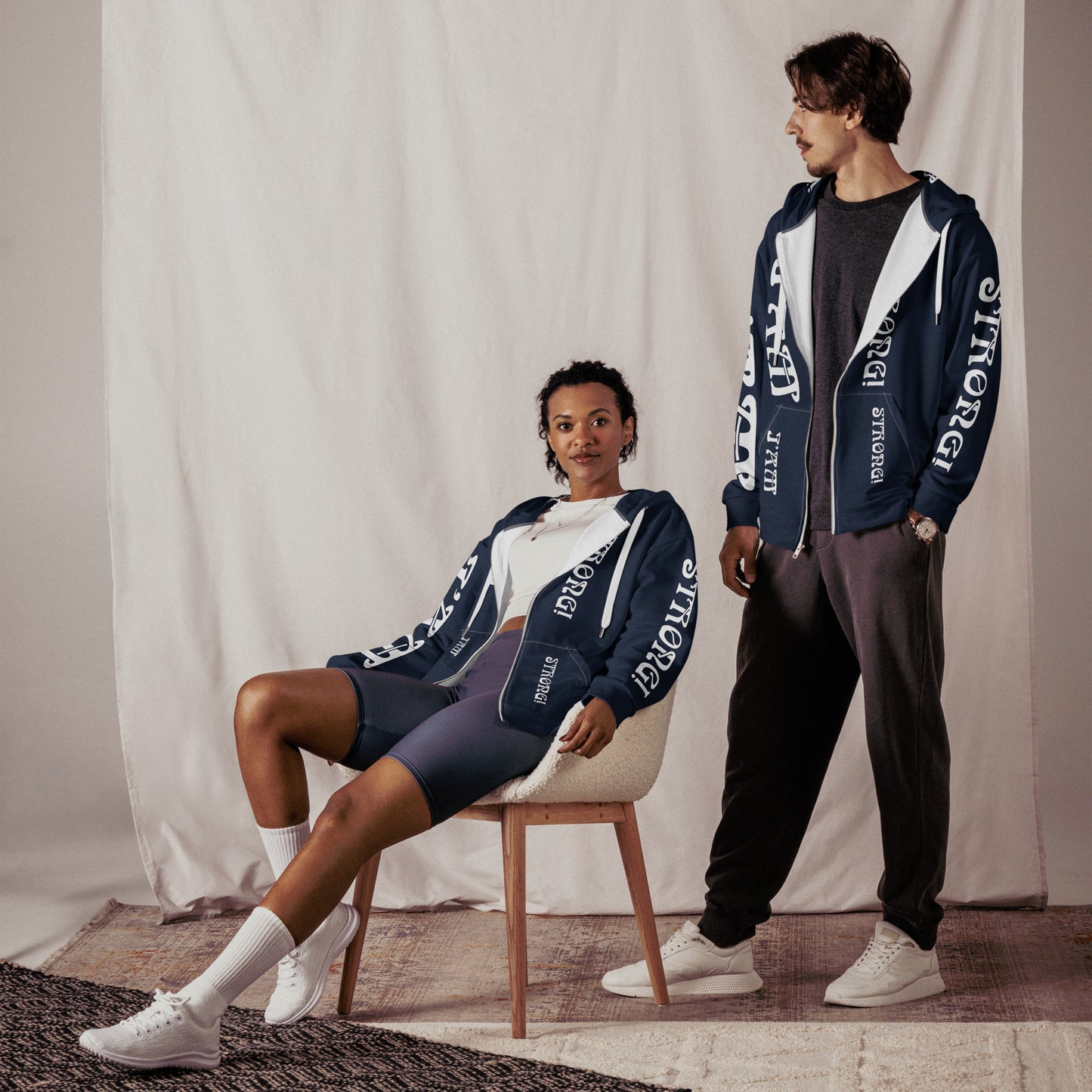 “I’AM STRONG!”Navy Unisex Zip Hoodie W/White Font