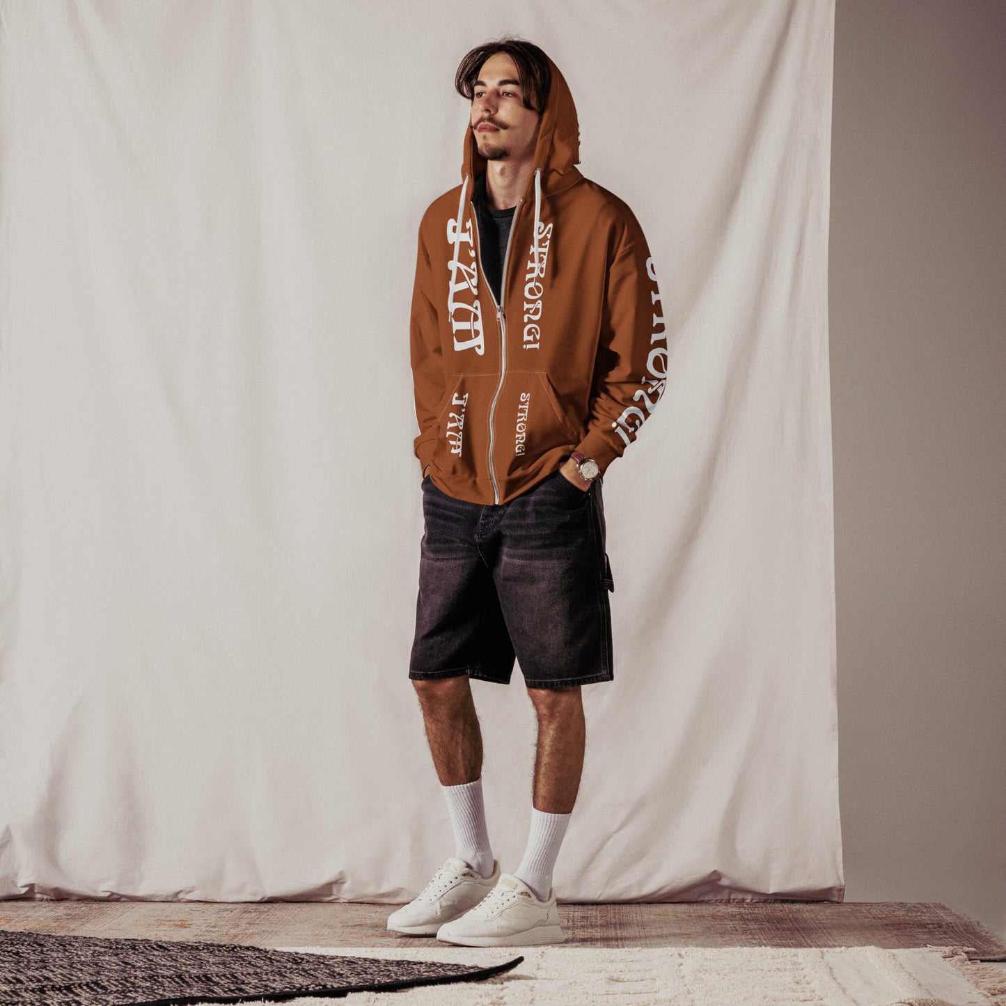 “I’AM STRONG!”Brown Unisex Zip Hoodie W/White Font