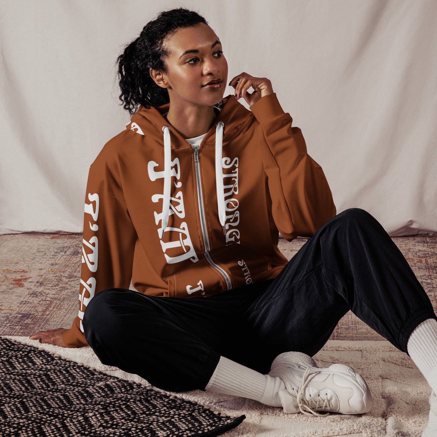 “I’AM STRONG!”Brown Unisex Zip Hoodie W/White Font