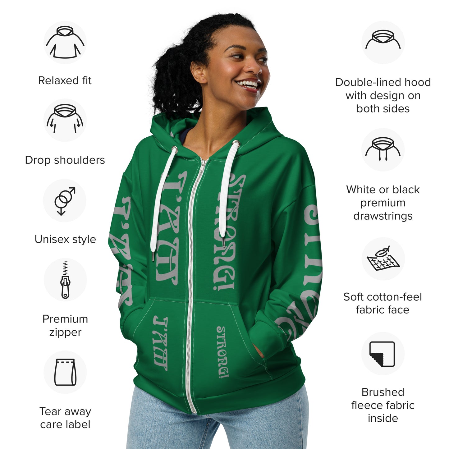 “I’AM STRONG!”Green Unisex Zip Hoodie W/Silver Font