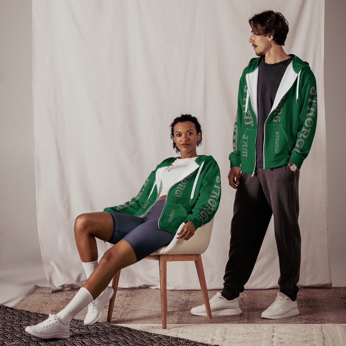 “I’AM STRONG!”Green Unisex Zip Hoodie W/Silver Font