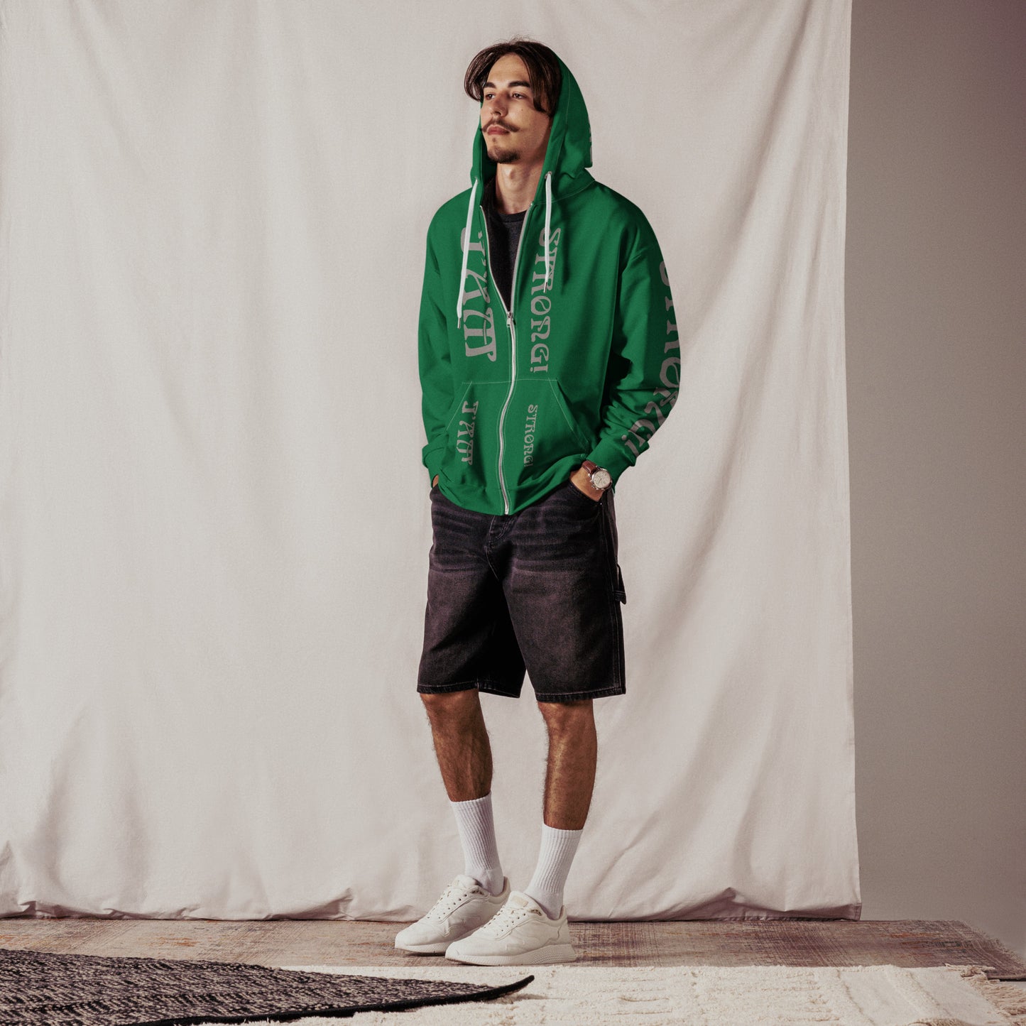 “I’AM STRONG!”Green Unisex Zip Hoodie W/Silver Font