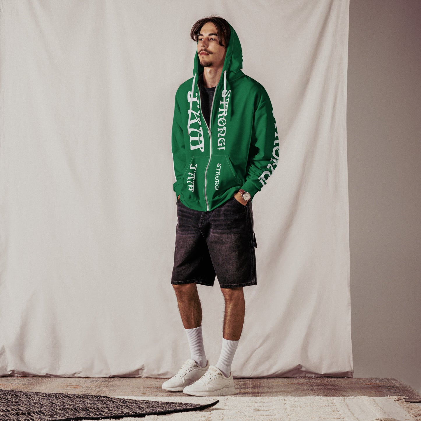 “I’AM STRONG!” Green Unisex Zip Hoodie W/White Font