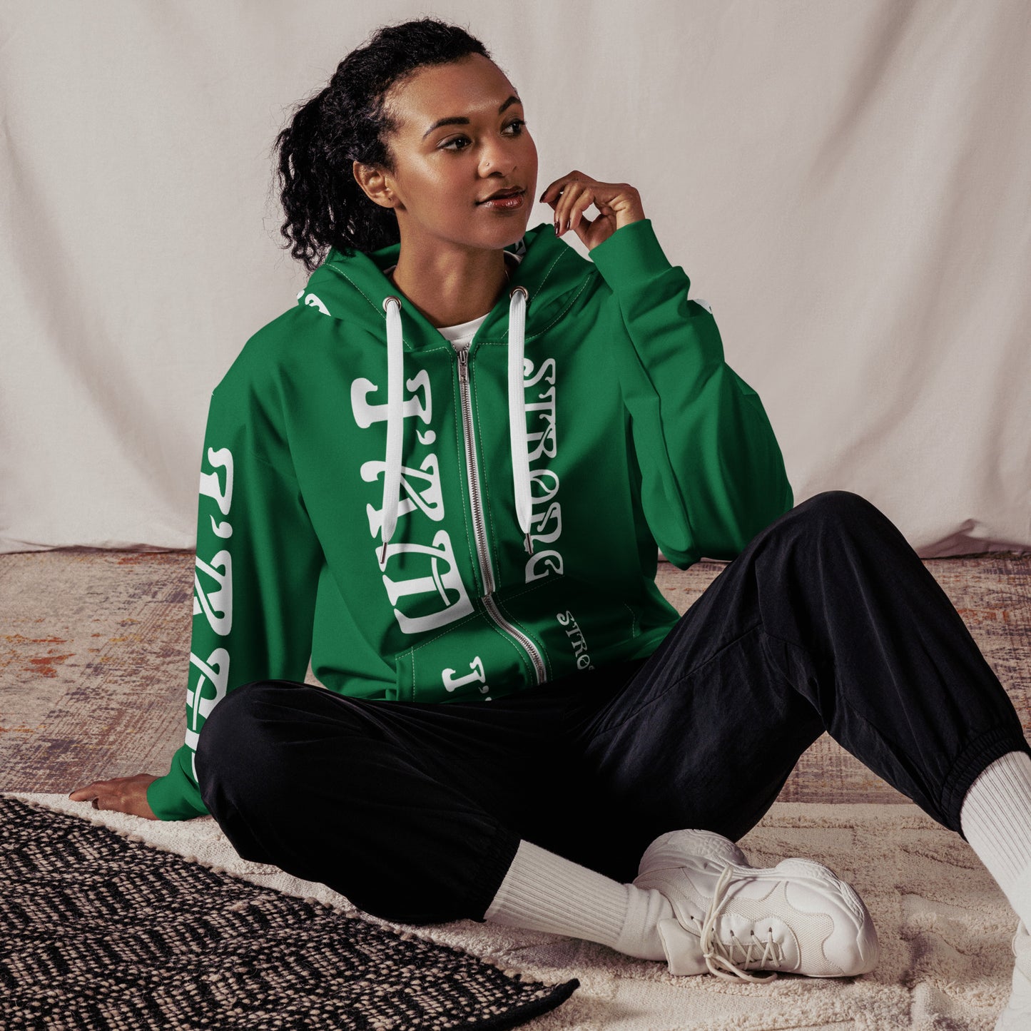 “I’AM STRONG!” Green Unisex Zip Hoodie W/White Font