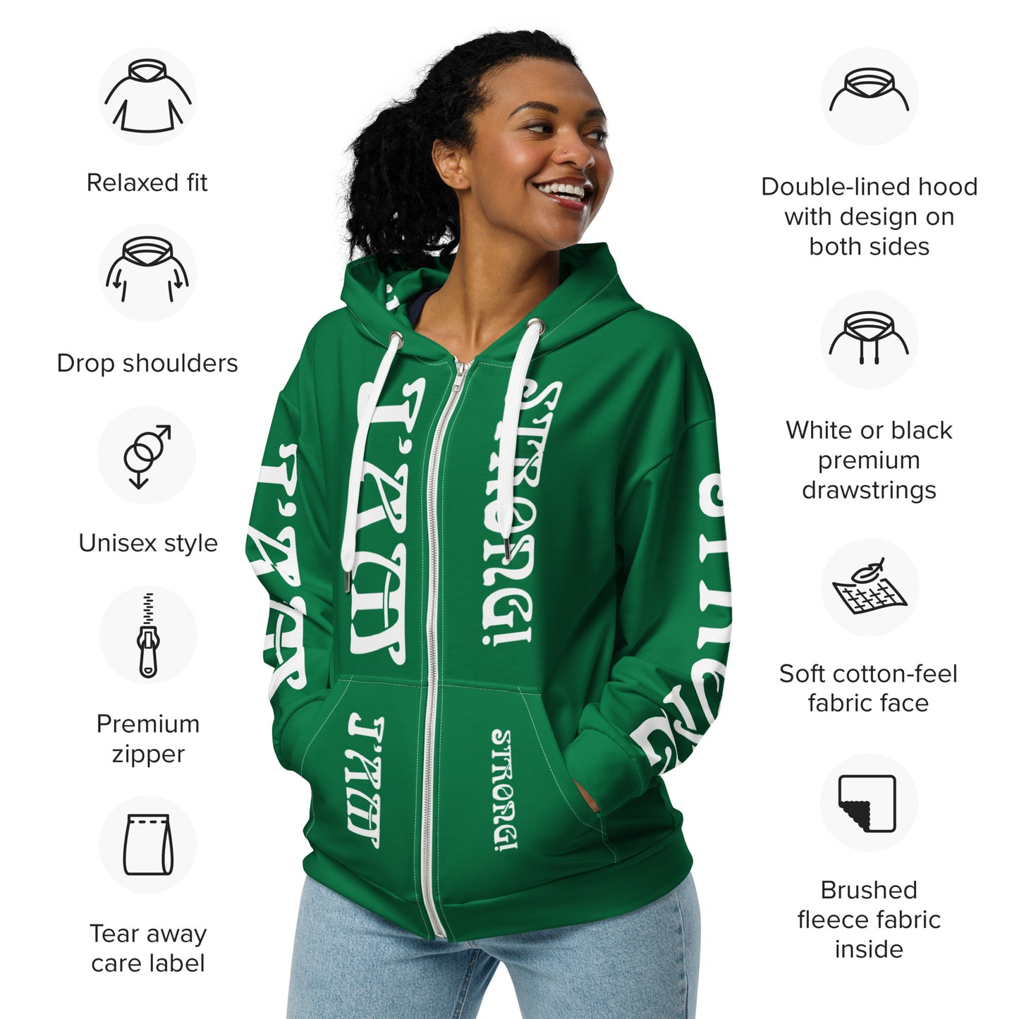 “I’AM STRONG!” Green Unisex Zip Hoodie W/White Font