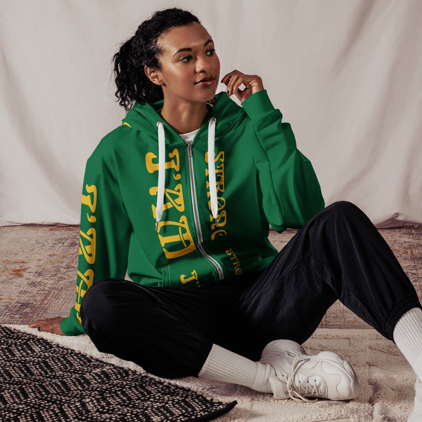 “I’AM STRONG!”Green Unisex Zip Hoodie W/Yellow Font