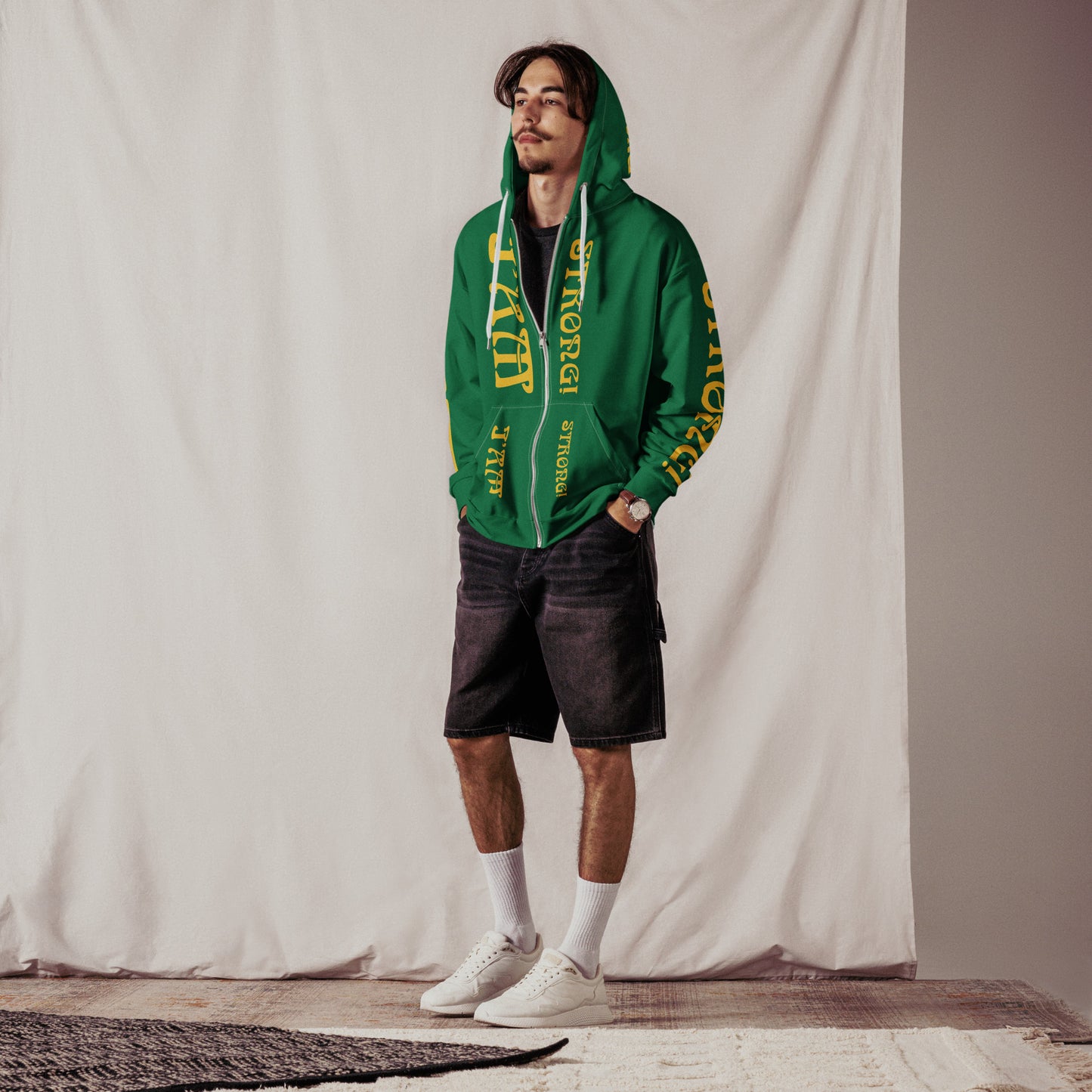 “I’AM STRONG!”Green Unisex Zip Hoodie W/Yellow Font