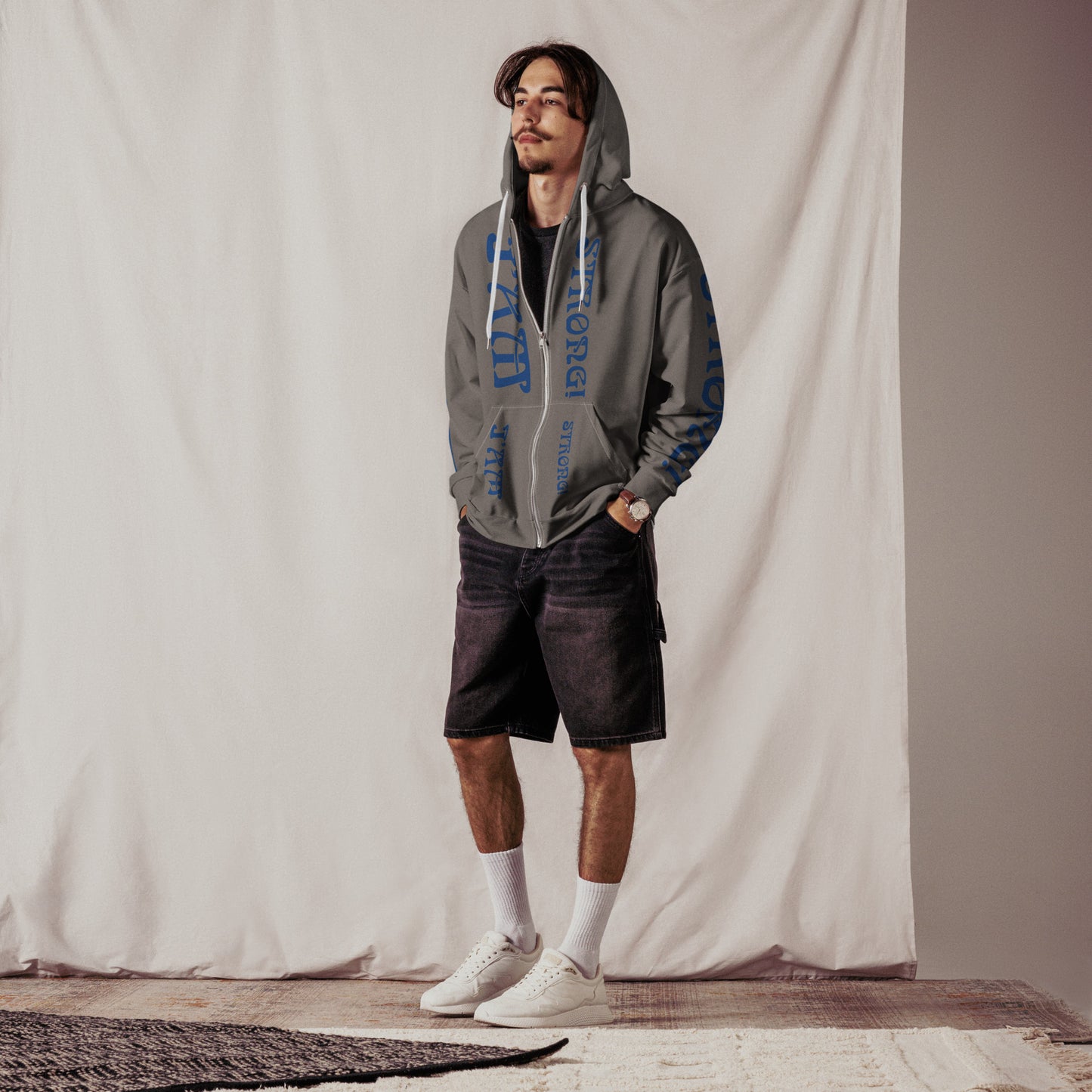 “I’AM STRONG!”Grey Unisex Zip Hoodie W/Blue Font