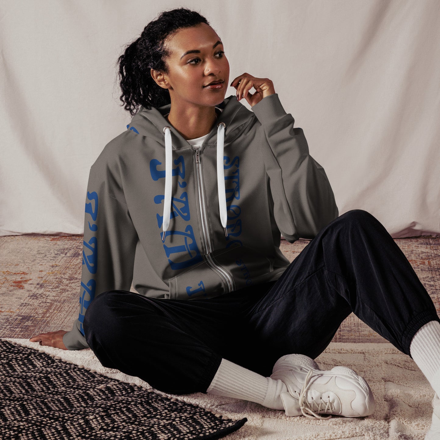 “I’AM STRONG!”Grey Unisex Zip Hoodie W/Blue Font