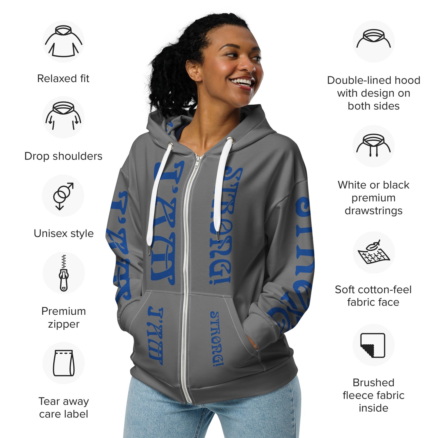“I’AM STRONG!”Grey Unisex Zip Hoodie W/Blue Font