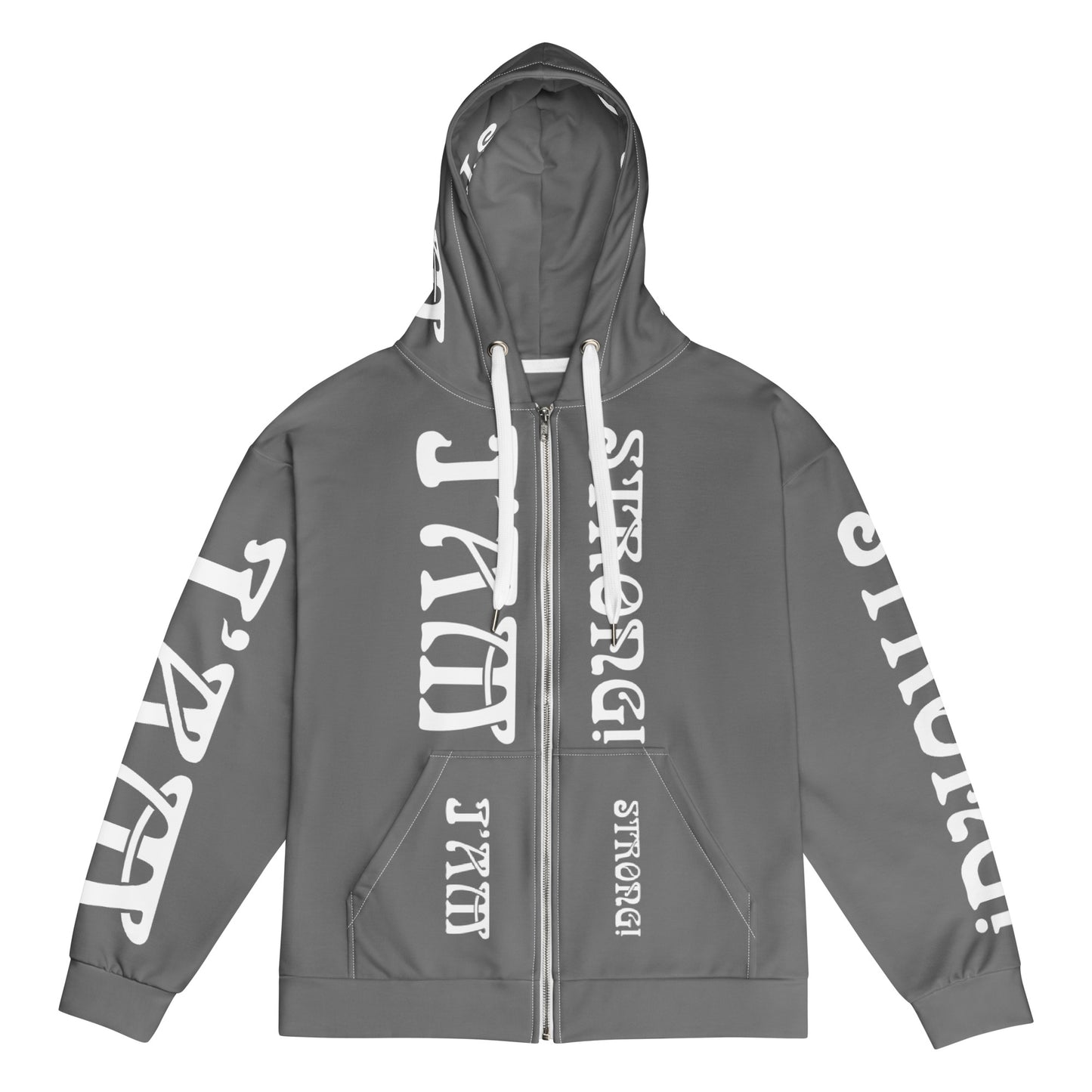 “I’AM STRONG!” Grey Unisex Zip Hoodie W/White Font