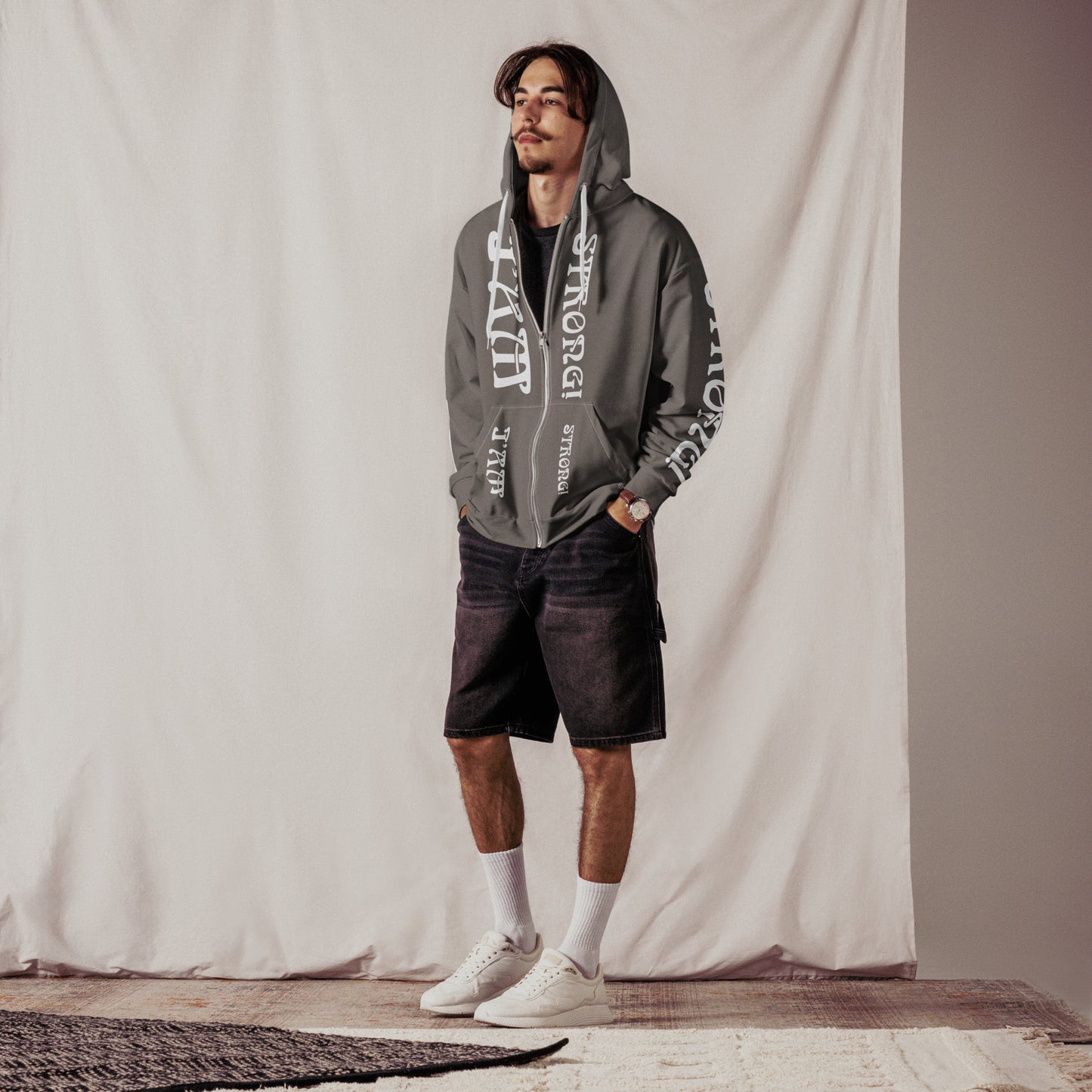 “I’AM STRONG!” Grey Unisex Zip Hoodie W/White Font
