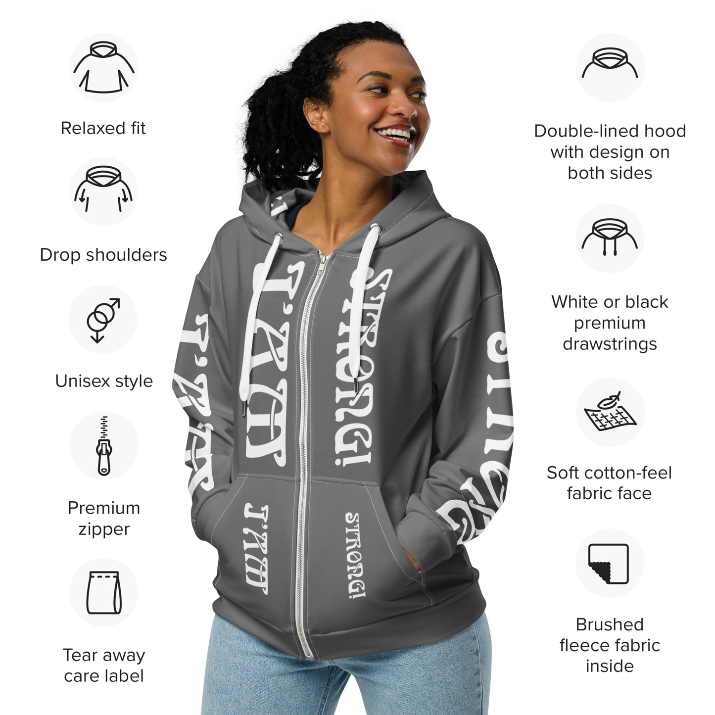 “I’AM STRONG!” Grey Unisex Zip Hoodie W/White Font
