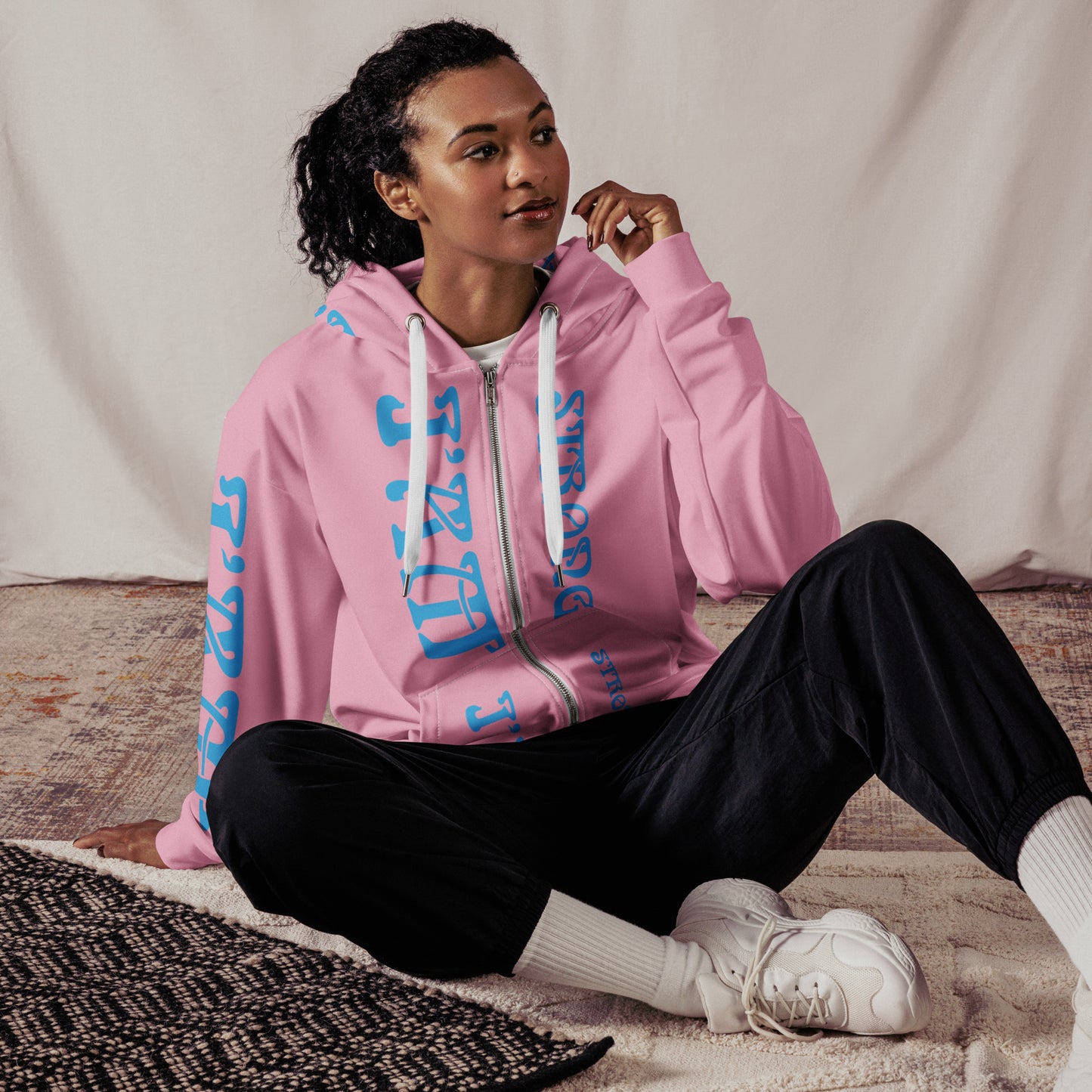 “I’AM STRONG!”Cotton Candy Unisex Zip Hoodie W/SkyBlue Font