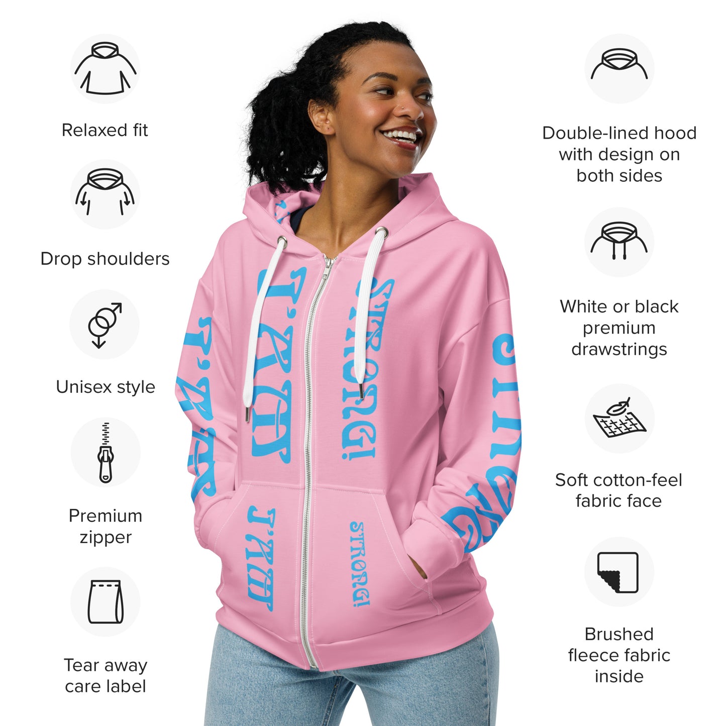 “I’AM STRONG!”Cotton Candy Unisex Zip Hoodie W/SkyBlue Font