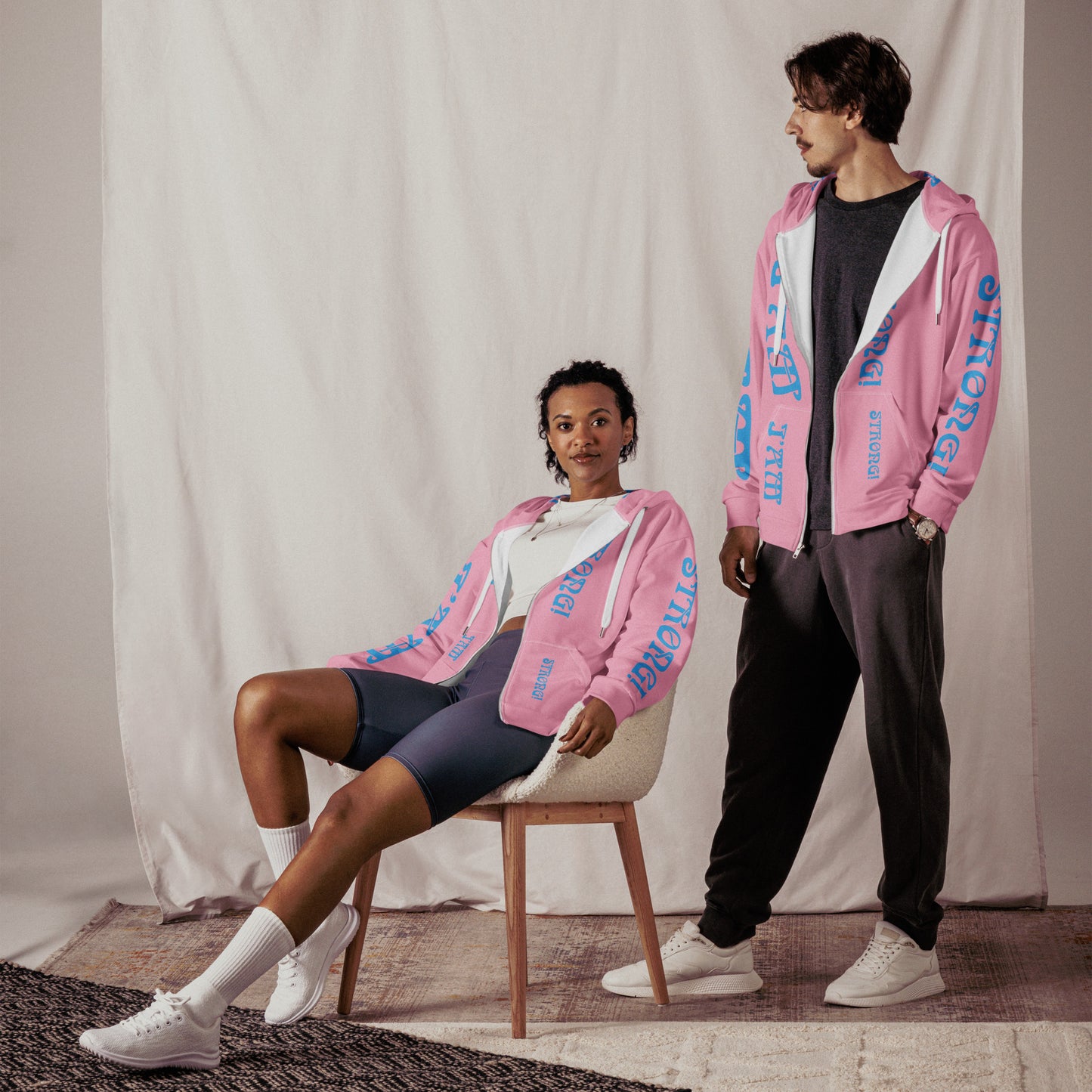 “I’AM STRONG!”Cotton Candy Unisex Zip Hoodie W/SkyBlue Font
