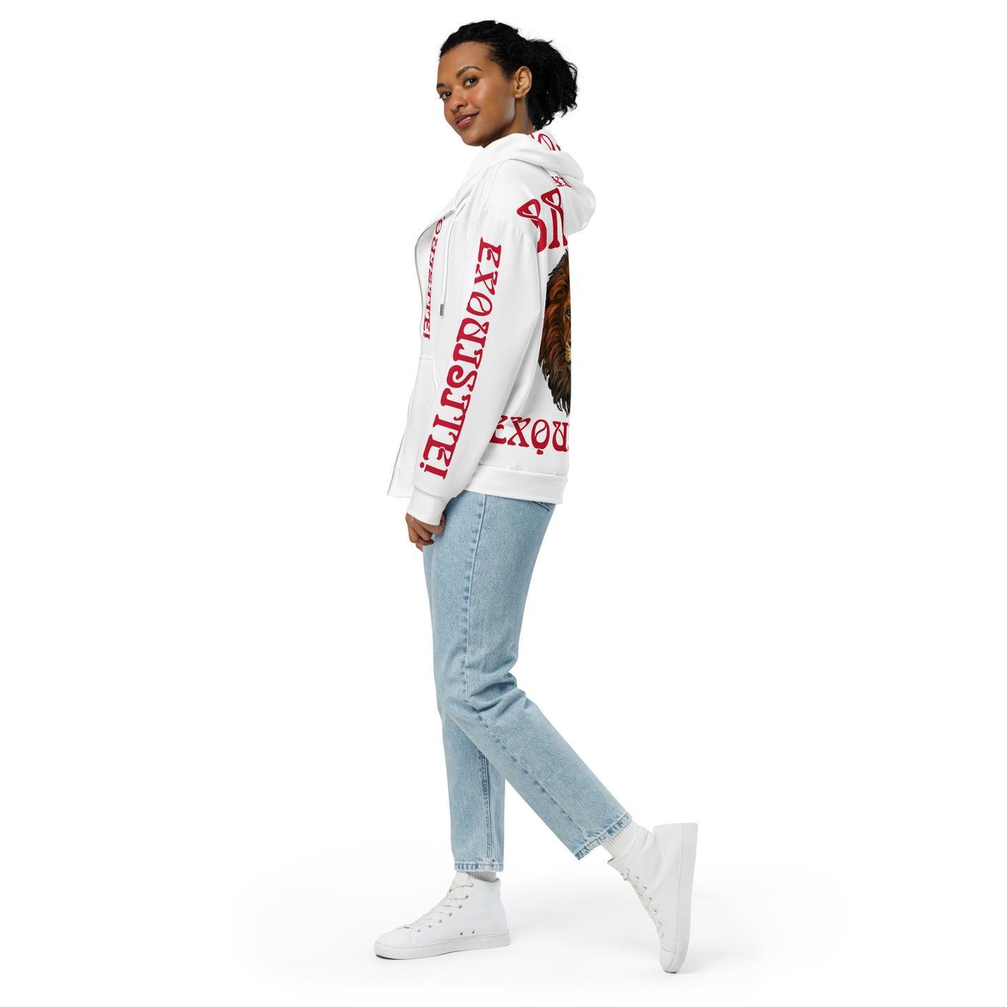 “BRAVE,EXQUISITE”White Unisex Zip Hoodie W/Red Font