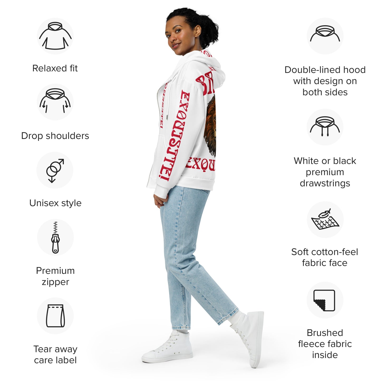 “BRAVE,EXQUISITE”White Unisex Zip Hoodie W/Red Font