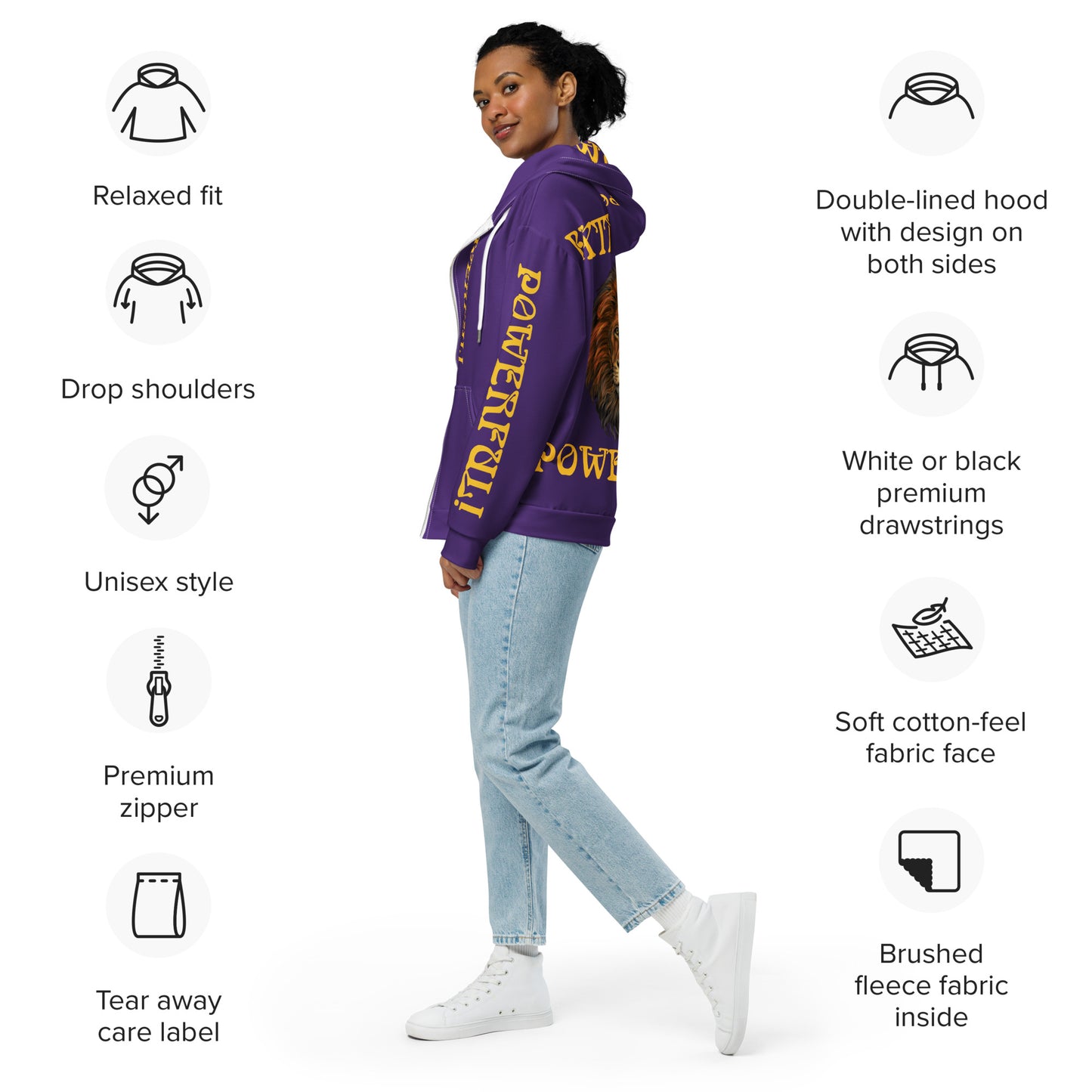 “EXTREMELY POWERFUL!”Purple Unisex Zip Hoodie W/Yellow Font