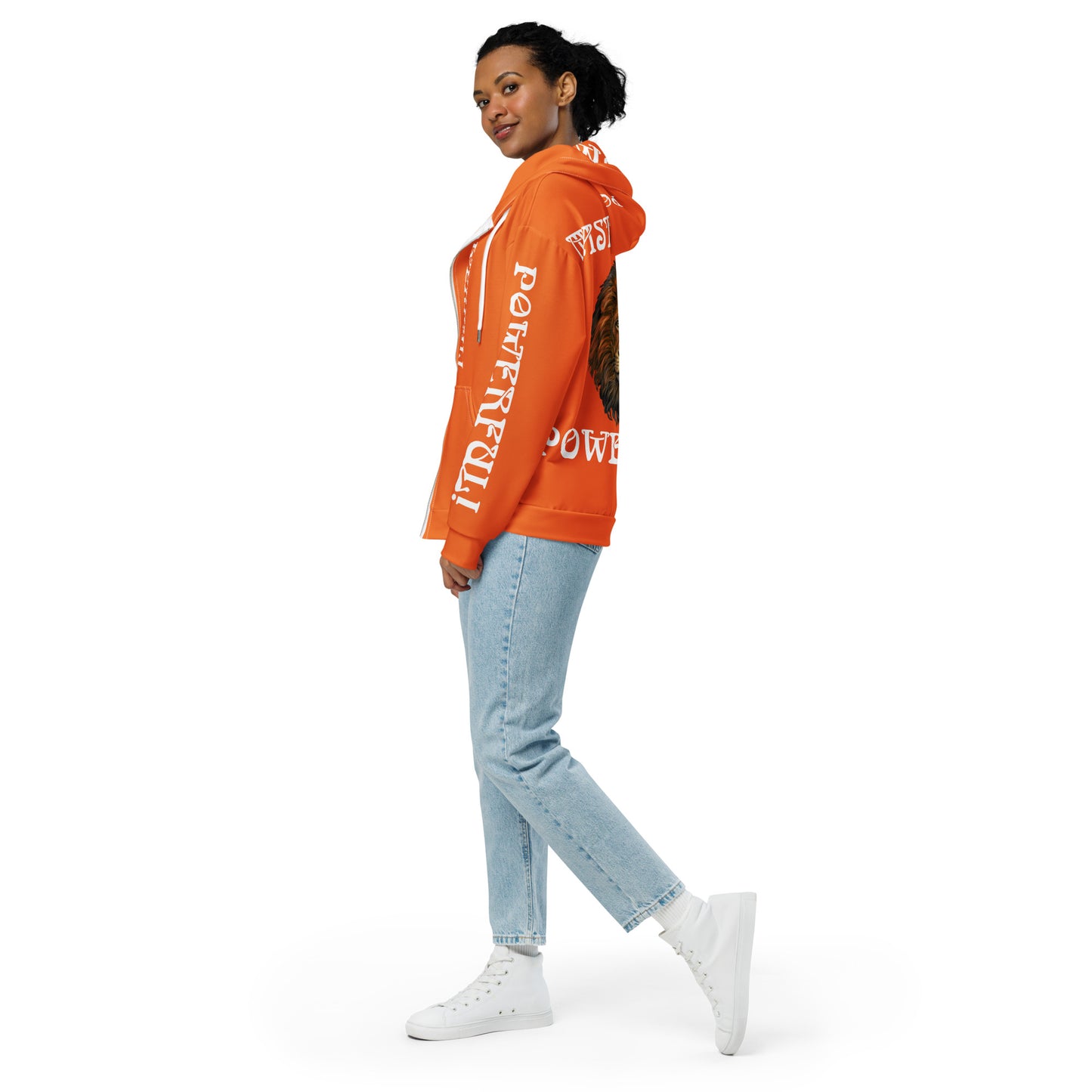 “MASTERPIECE,POWERFUL!”Orange Unisex Zip Hoodie W/White Font