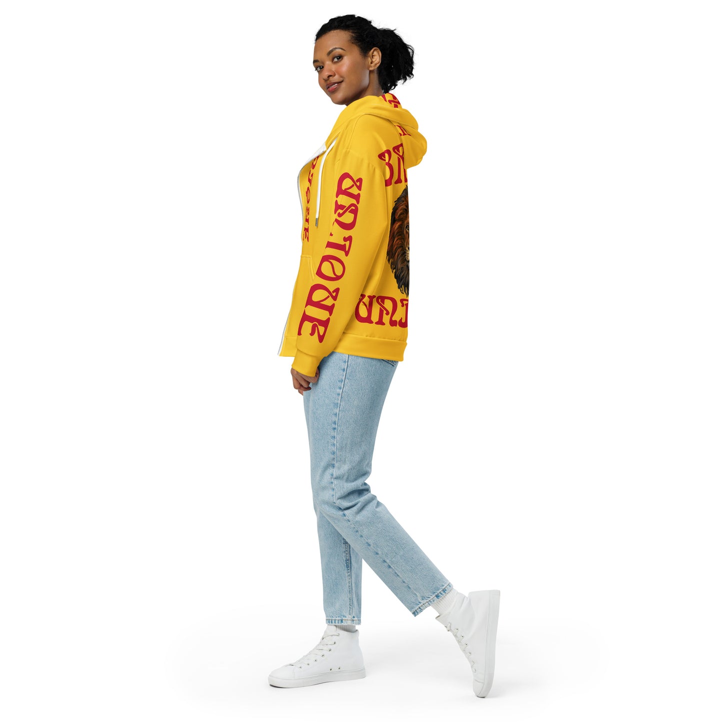 “BRAVE,UNIQUE!”Yellow Unisex Zip Hoodie W/Red Font