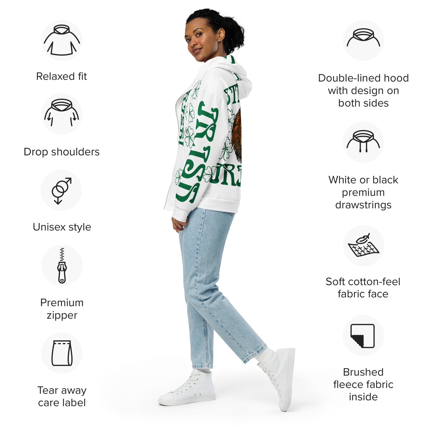 “STRONG,IRISH”White Unisex Zip Hoodie W/Green Font