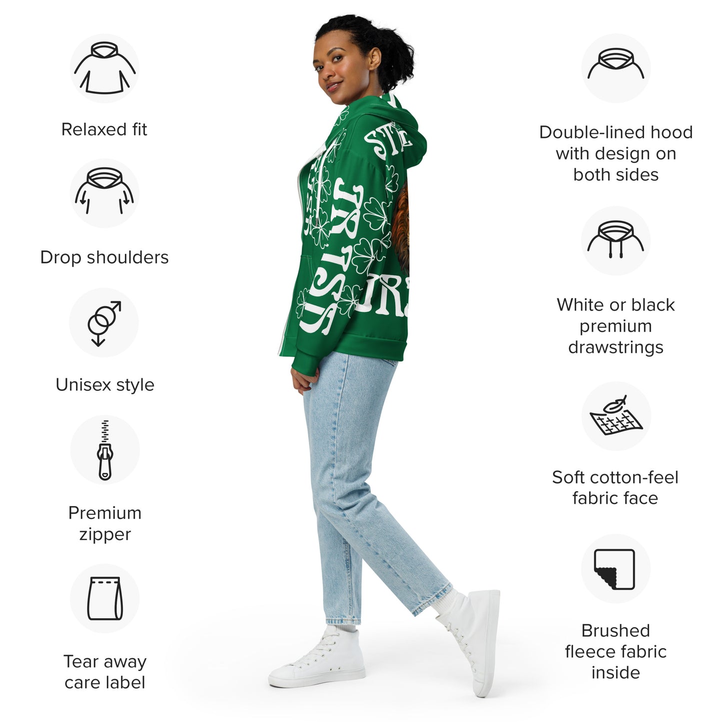 “STRONG,IRISH”Green Unisex Zip Hoodie W/White Font