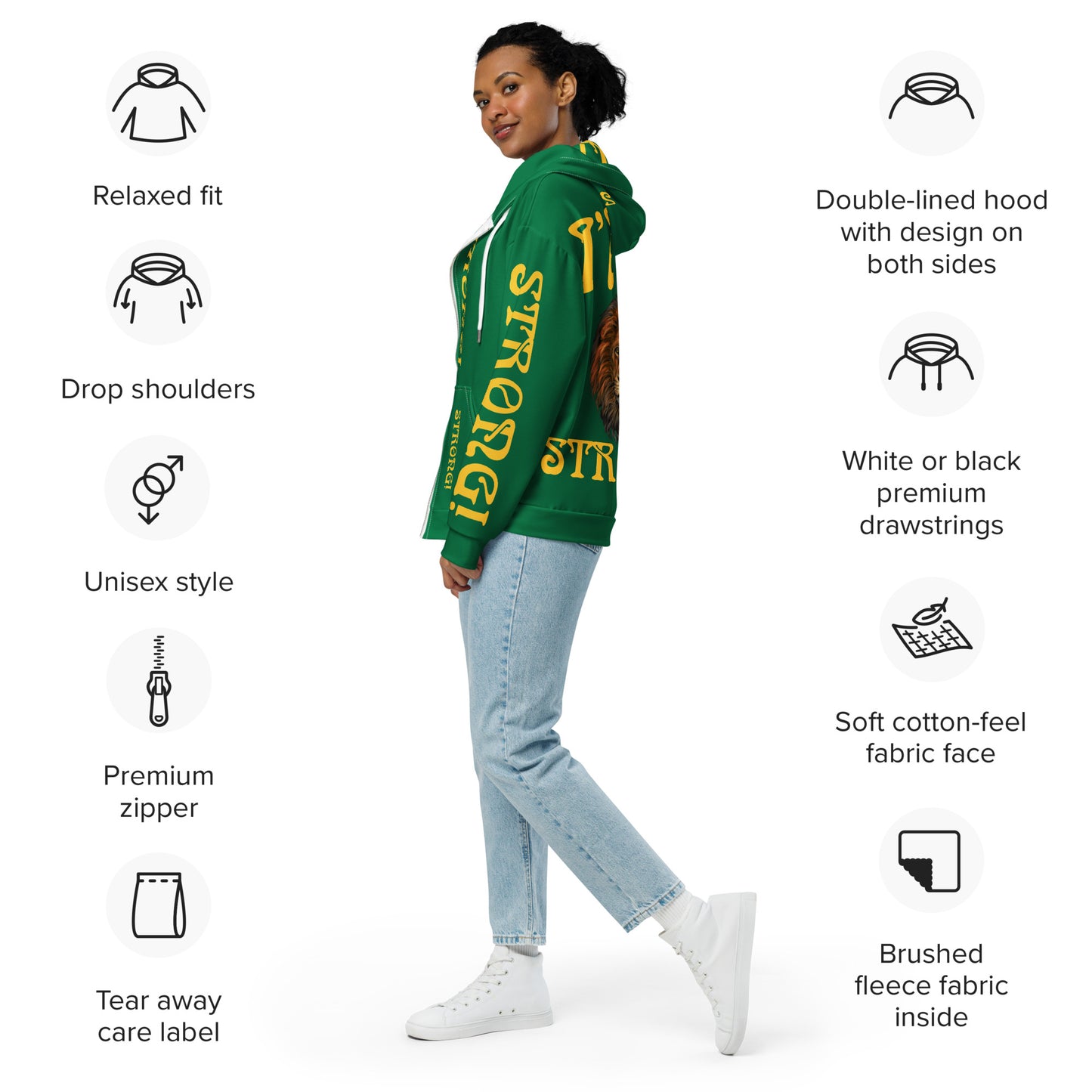 “I’AM STRONG!”Green Unisex Zip Hoodie W/Yellow Font