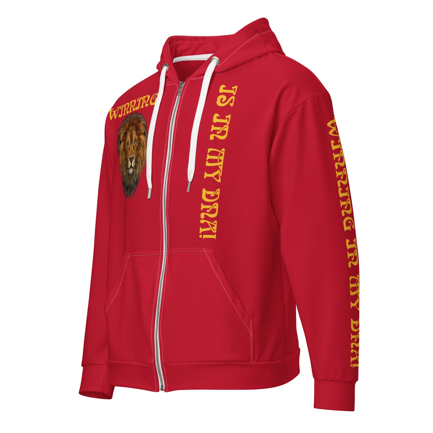 “WINNING IS IN MY DNA!”Red Unisex Zip Hoodie W/Yellow Font