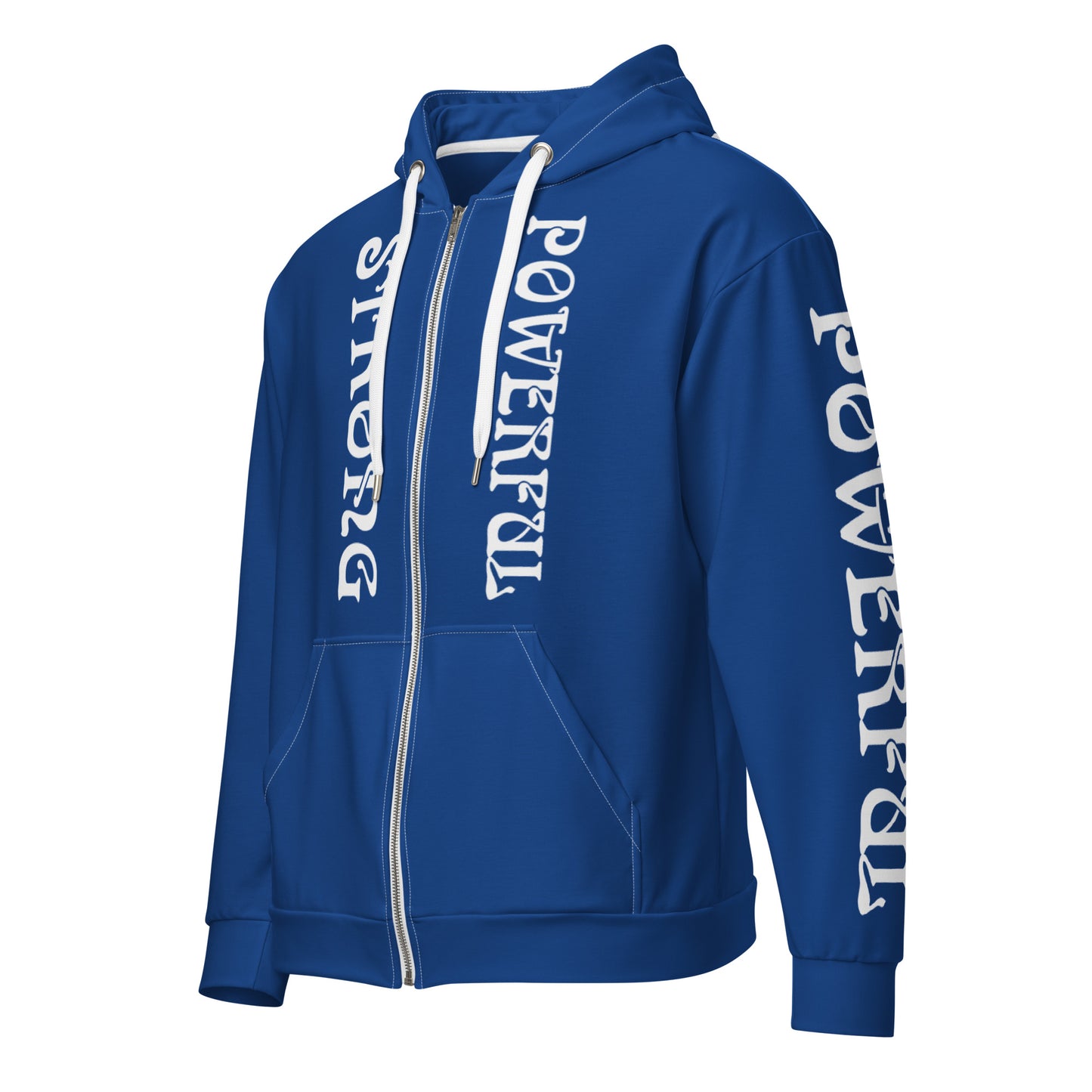 “STRONG,POWERFUL”Blue Unisex Zip Hoodie W/White Font
