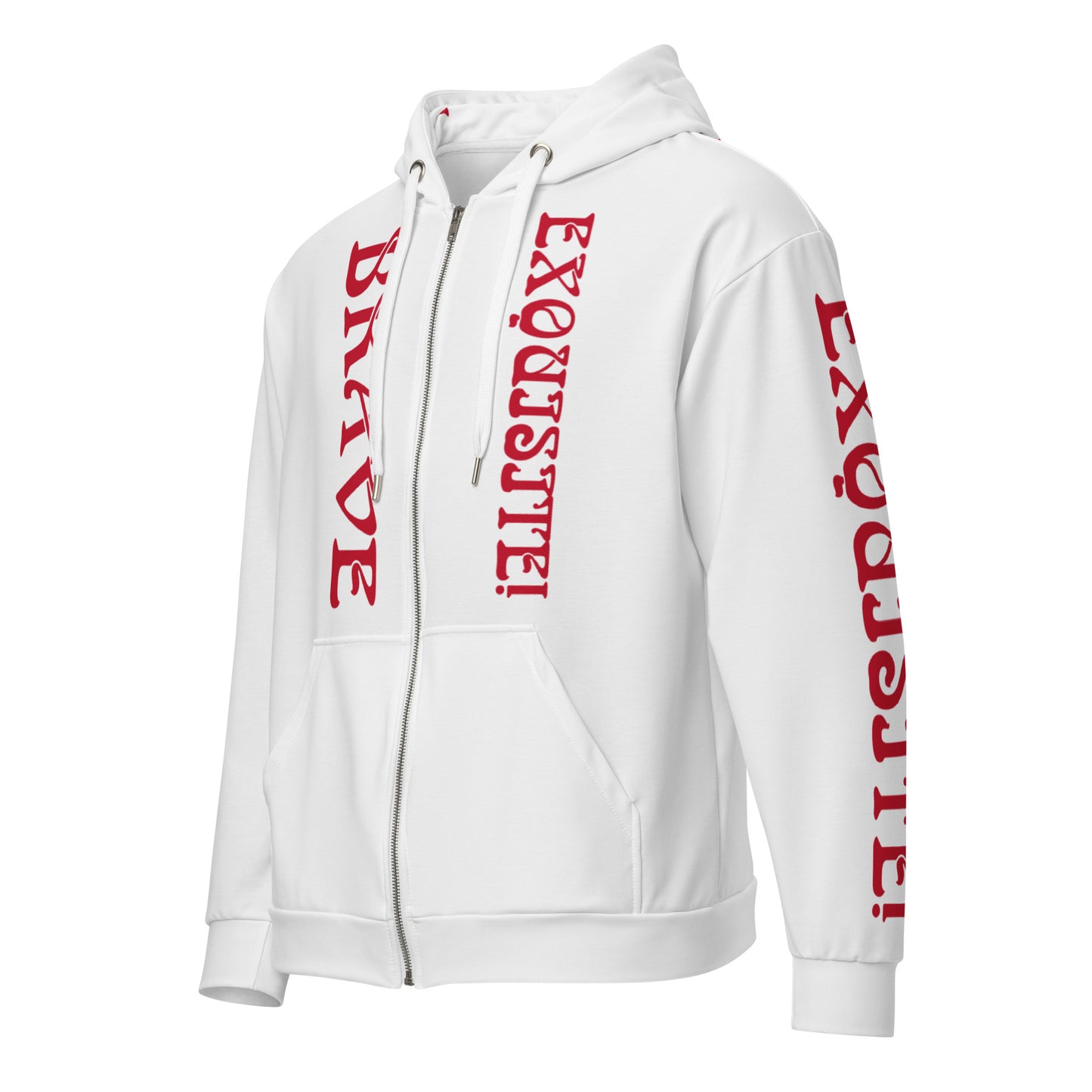 “BRAVE,EXQUISITE”White Unisex Zip Hoodie W/Red Font