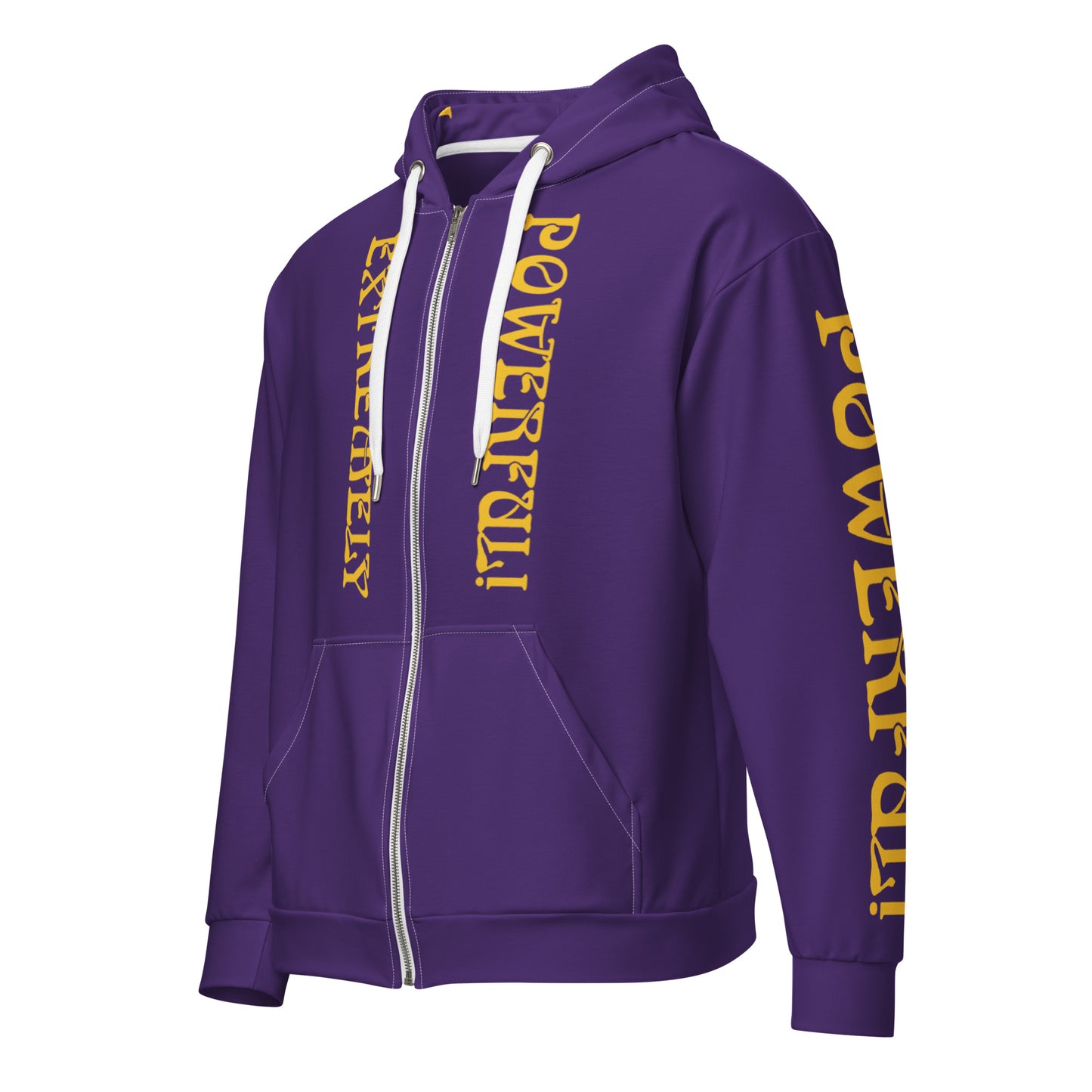 “EXTREMELY POWERFUL!”Purple Unisex Zip Hoodie W/Yellow Font