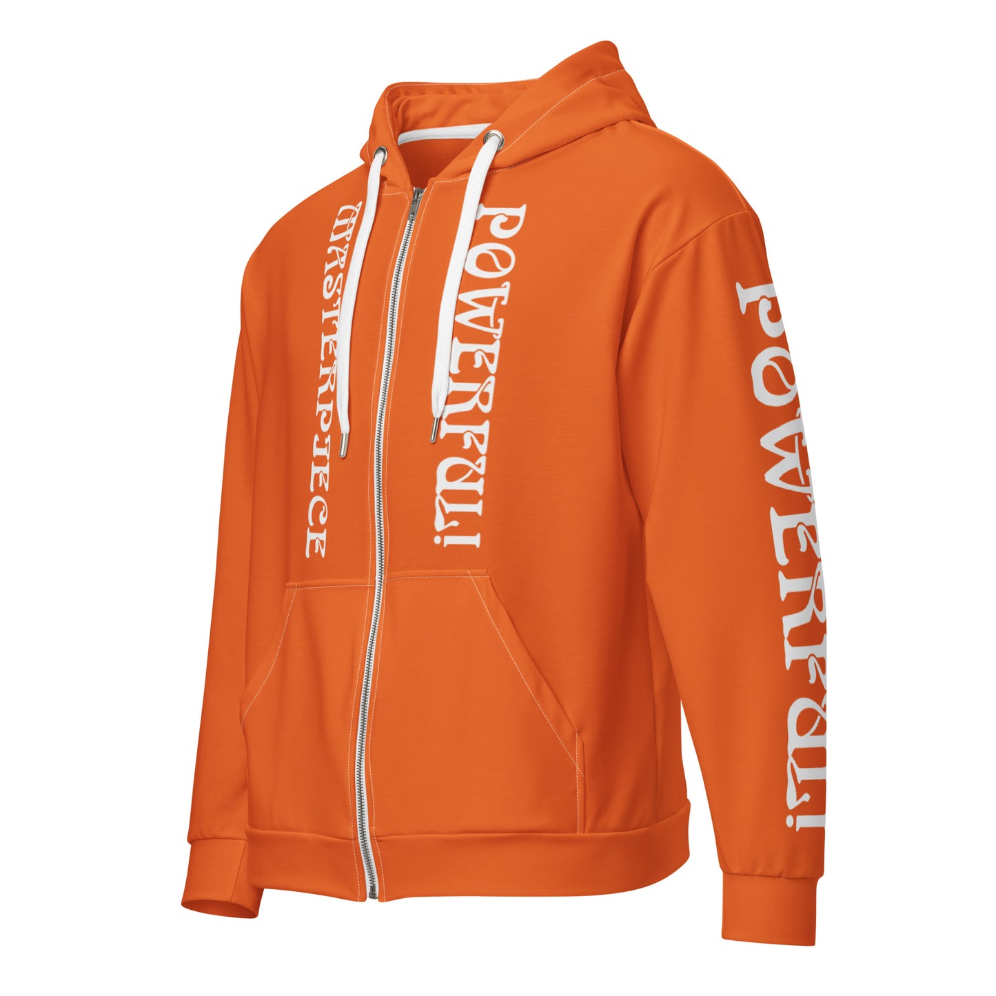 “MASTERPIECE,POWERFUL!”Orange Unisex Zip Hoodie W/White Font