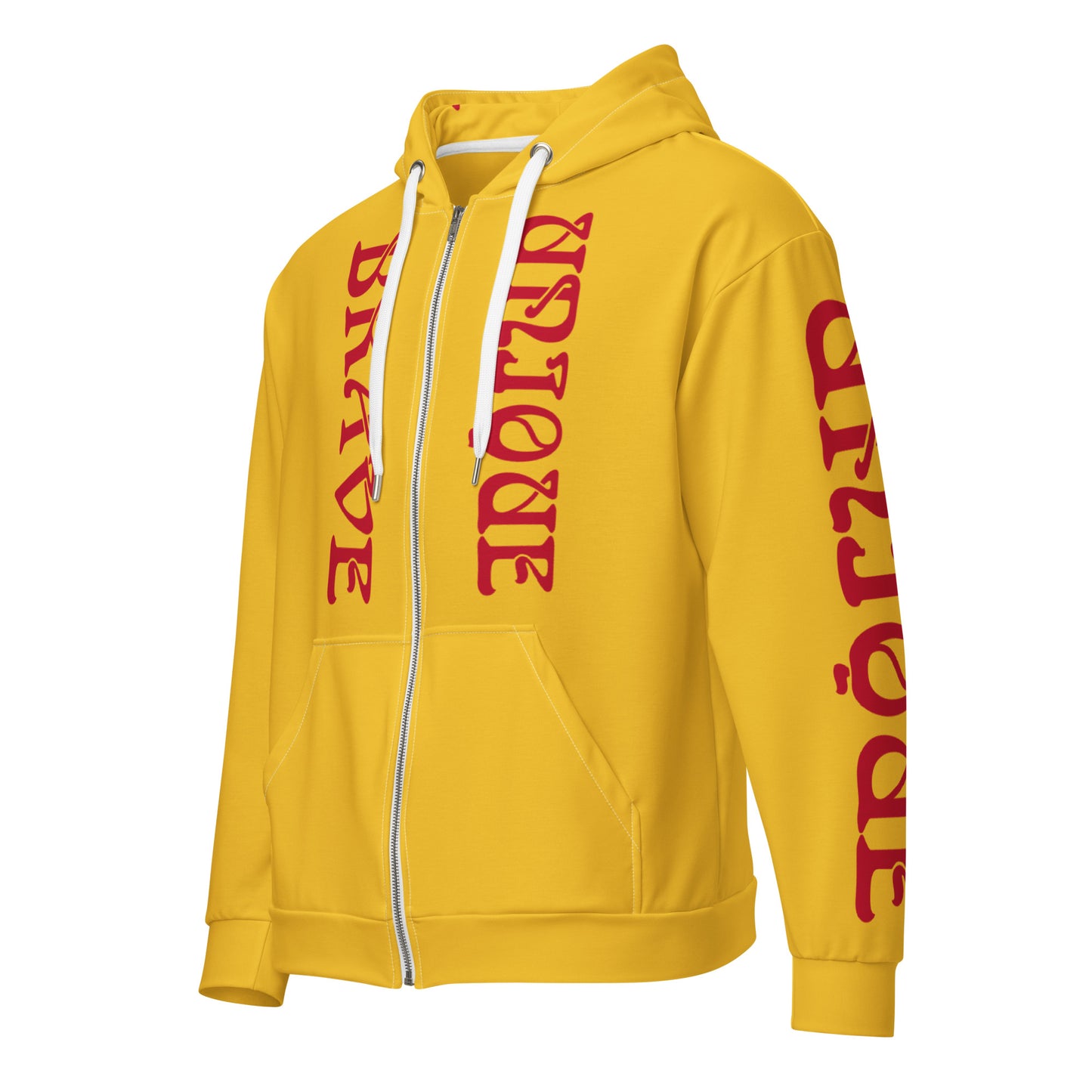 “BRAVE,UNIQUE!”Yellow Unisex Zip Hoodie W/Red Font