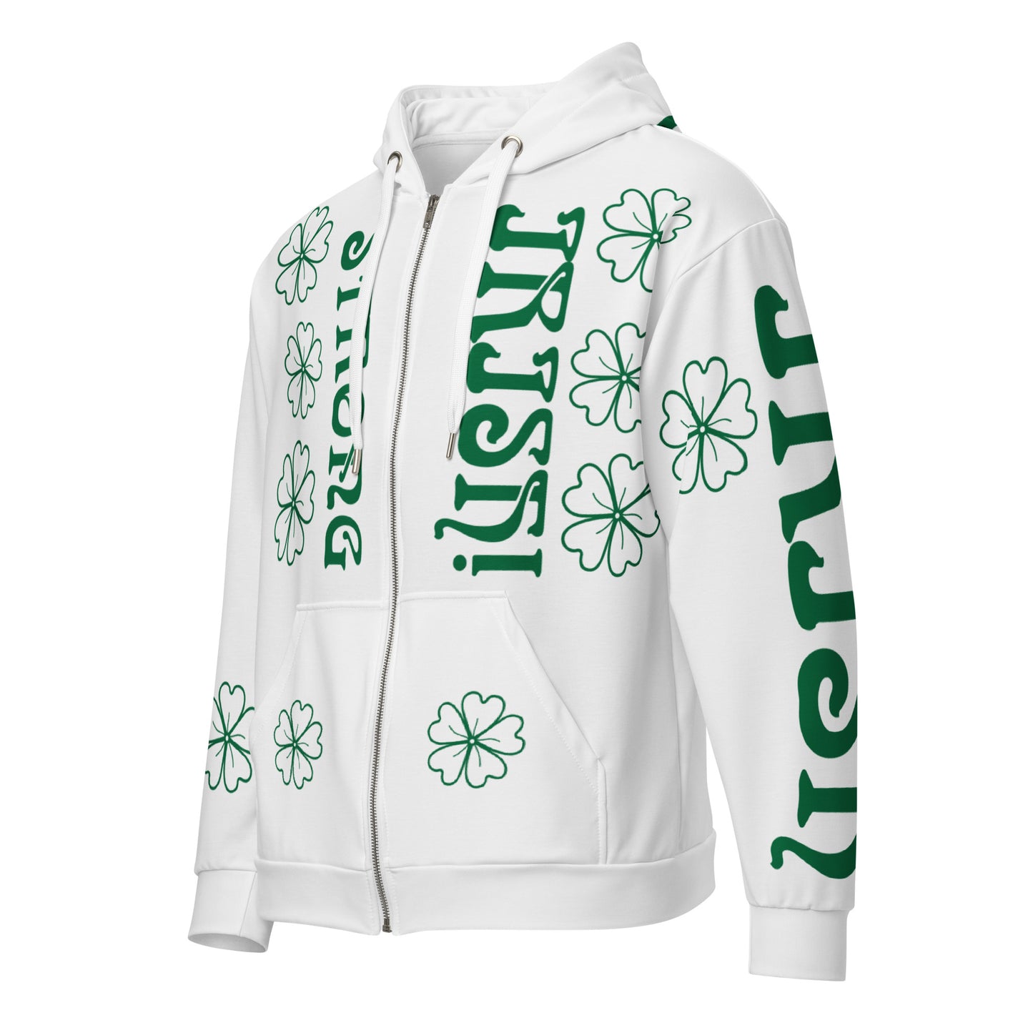 “STRONG,IRISH”White Unisex Zip Hoodie W/Green Font