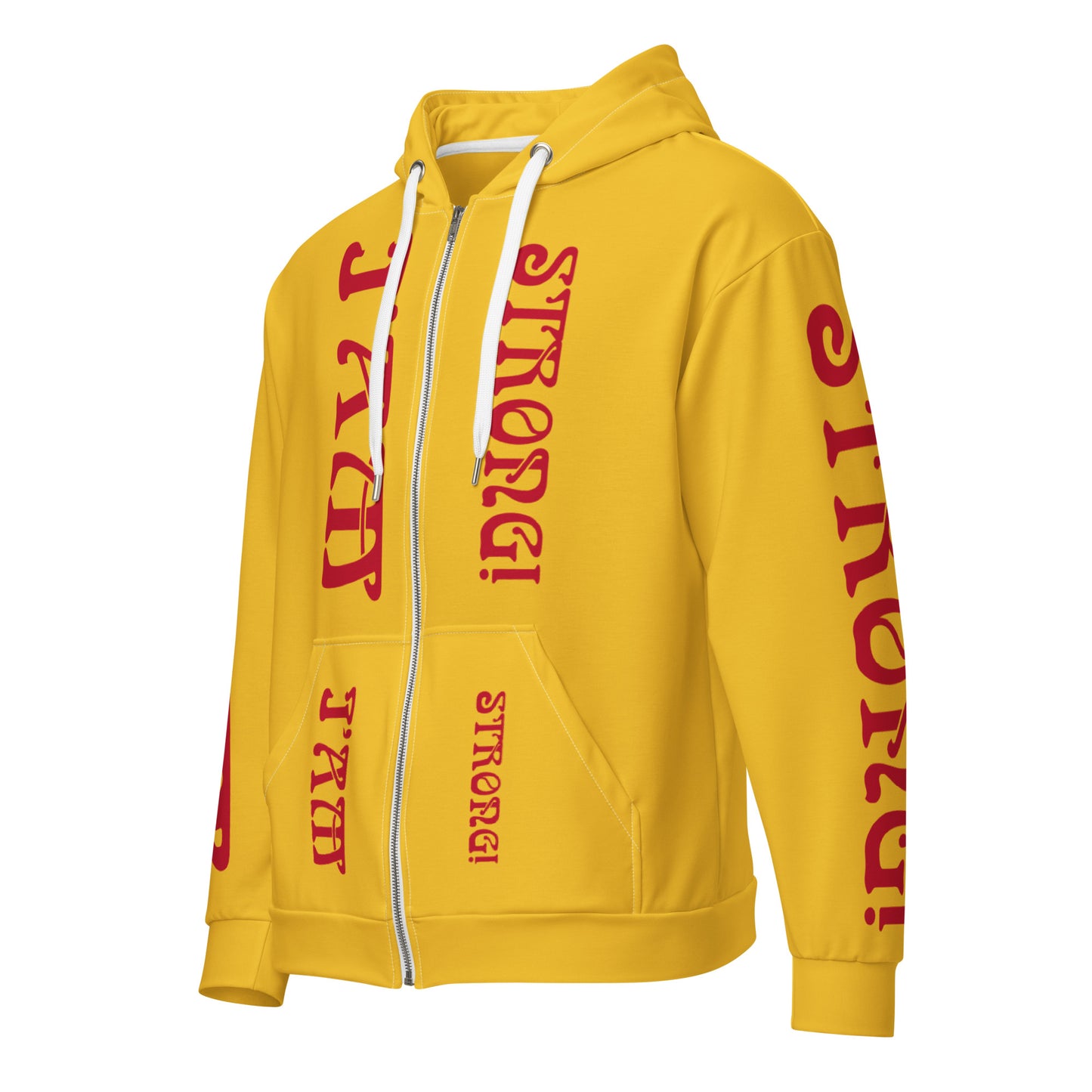 “I’AM STRONG!”Yellow Unisex Zip Hoodie W/Red Font