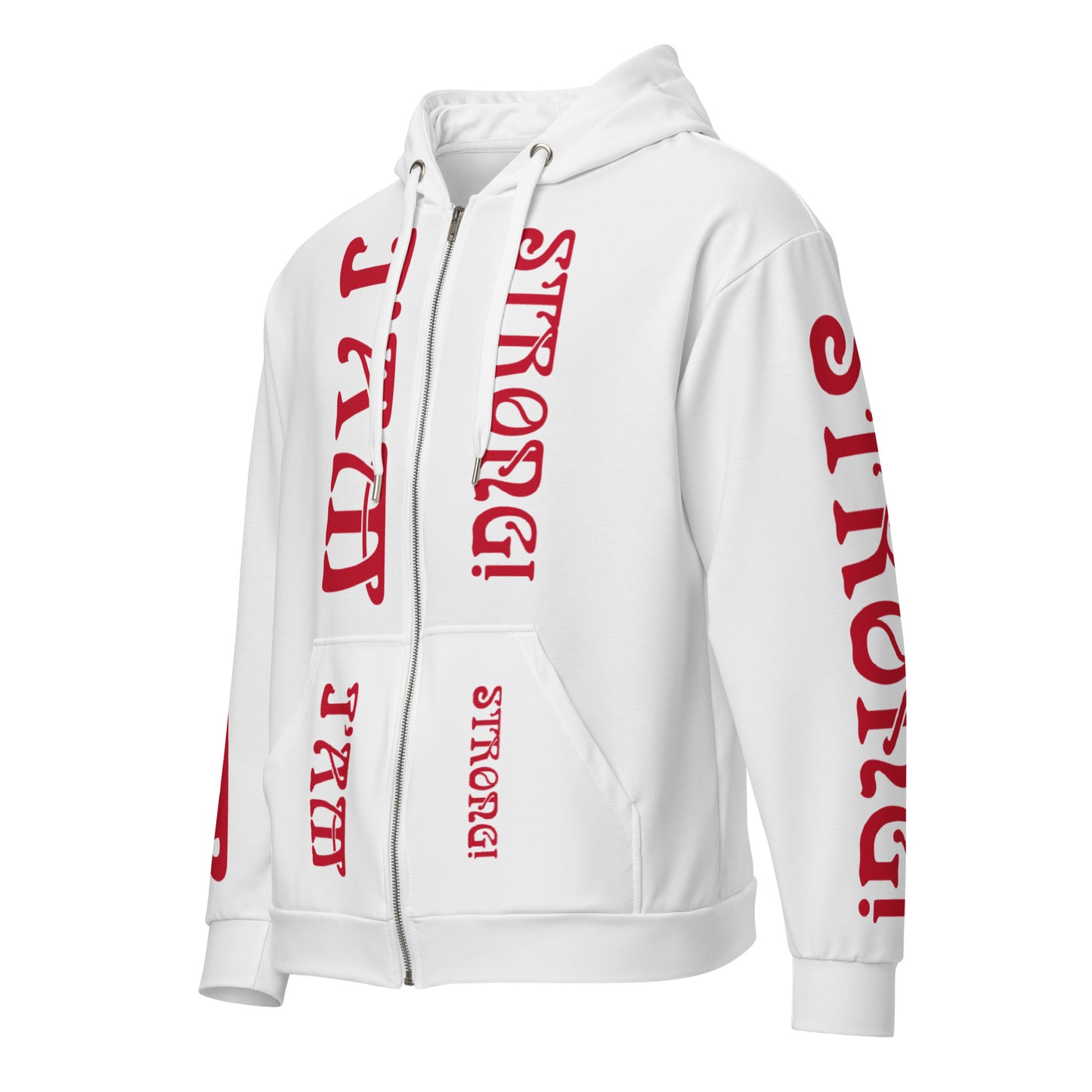 “I’AM STRONG!”White Unisex Zip Hoodie W/Red Font