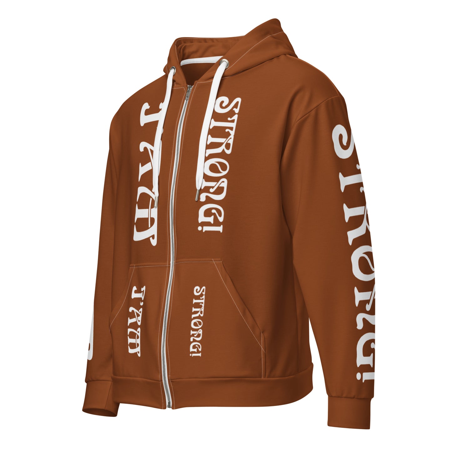 “I’AM STRONG!”Brown Unisex Zip Hoodie W/White Font