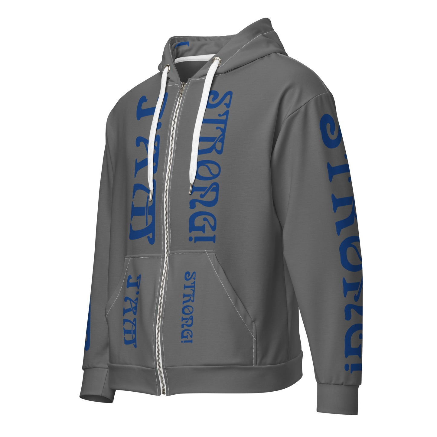 “I’AM STRONG!”Grey Unisex Zip Hoodie W/Blue Font