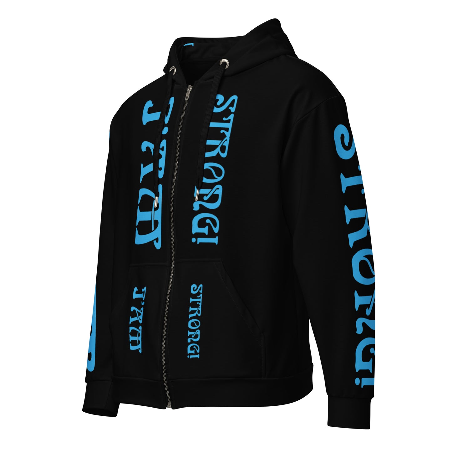 “I’AM STRONG!” Black Unisex Zip Hoodie W/SkyBlue Font