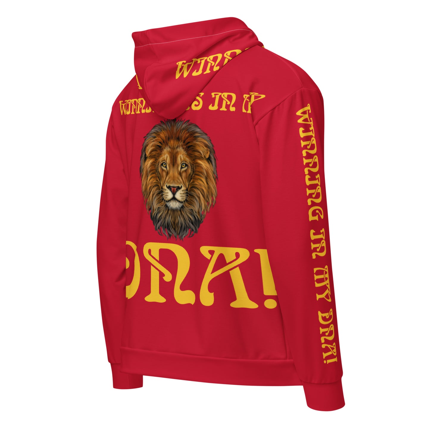 “WINNING IS IN MY DNA!”Red Unisex Zip Hoodie W/Yellow Font
