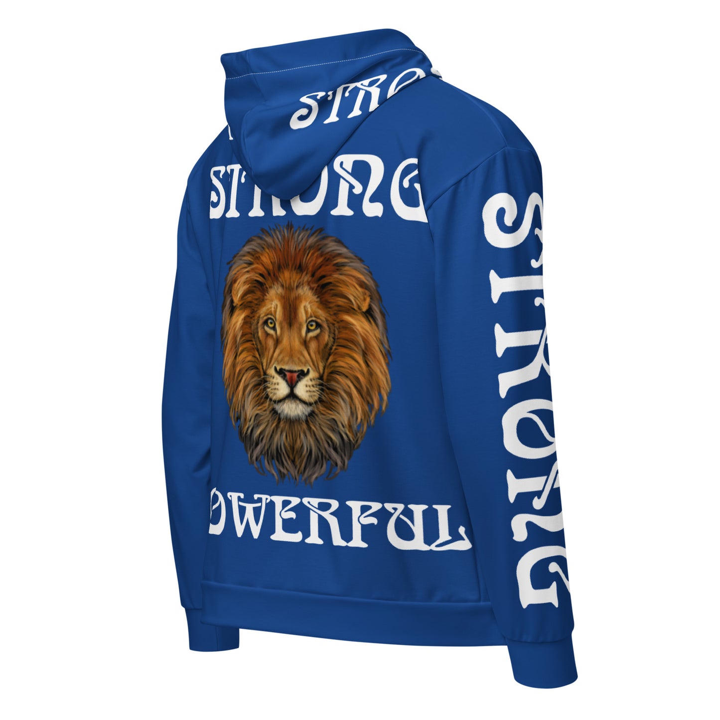 “STRONG,POWERFUL”Blue Unisex Zip Hoodie W/White Font