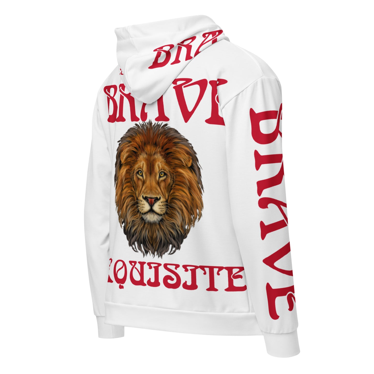 “BRAVE,EXQUISITE”White Unisex Zip Hoodie W/Red Font