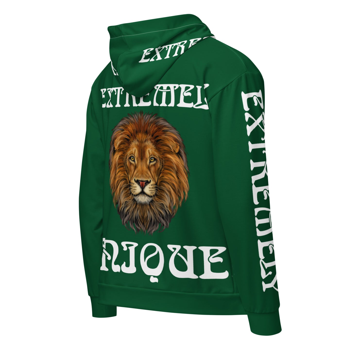 “EXTREMELY UNIQUE!”Green Unisex Zip Hoodie W/White Font