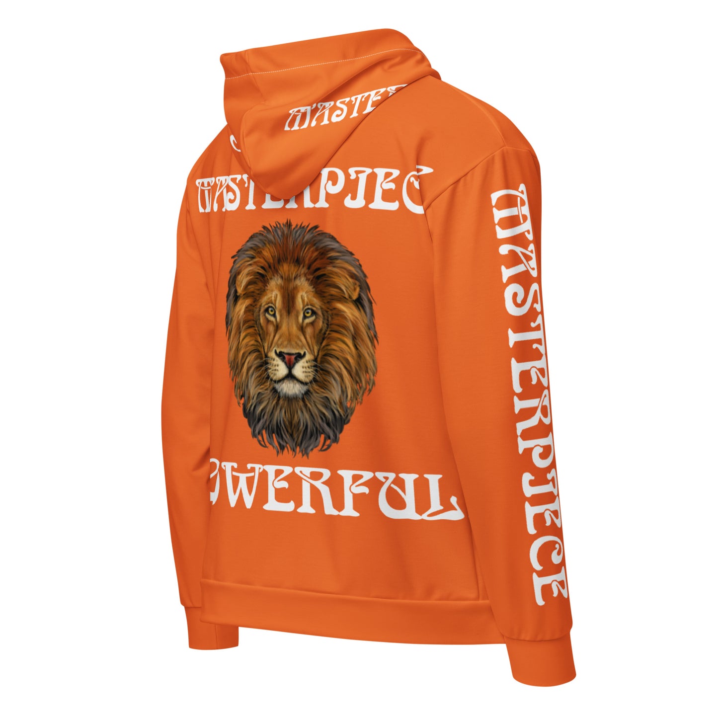 “MASTERPIECE,POWERFUL!”Orange Unisex Zip Hoodie W/White Font